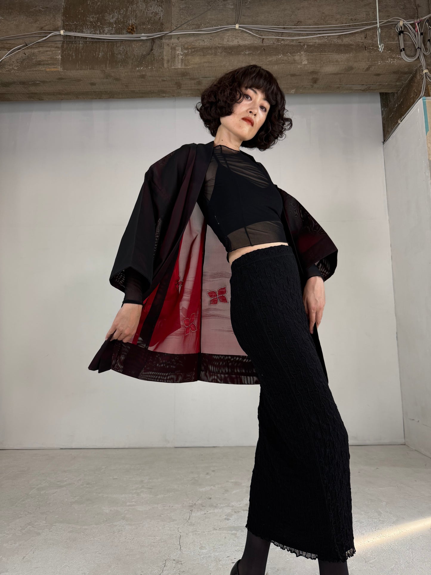 VINTAGE BLACK HAORI SHEER “sha, red, hana"