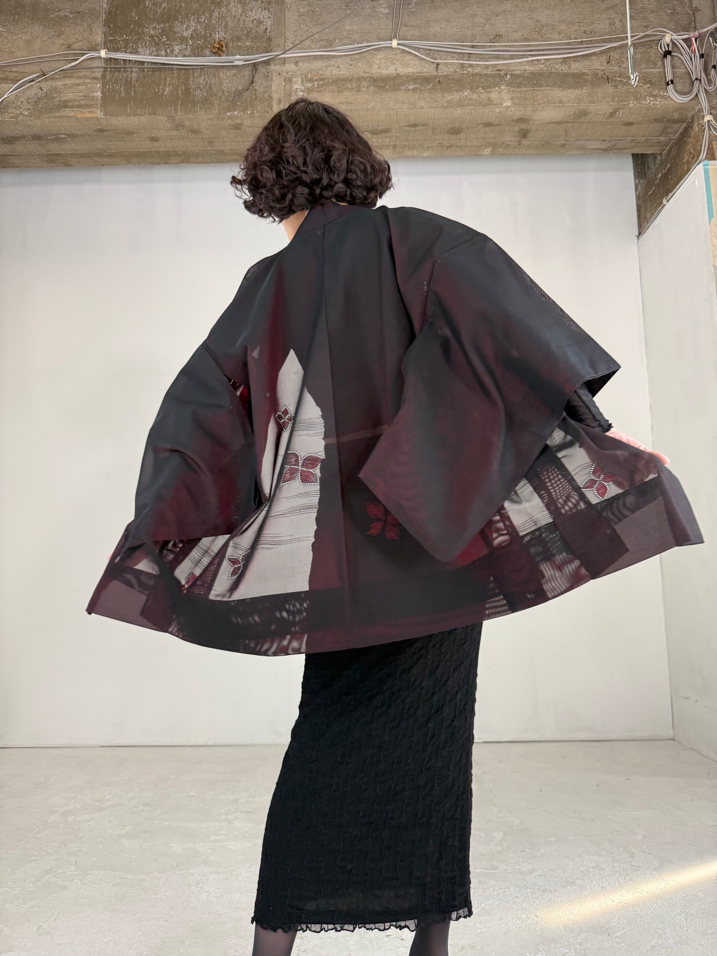 VINTAGE BLACK HAORI SHEER “sha, red, hana"