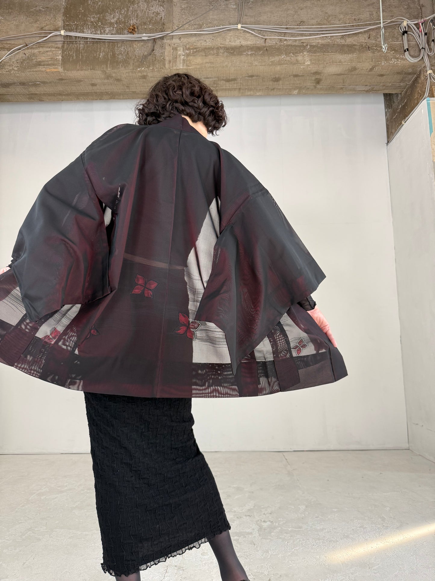 VINTAGE BLACK HAORI SHEER “sha, red, hana"