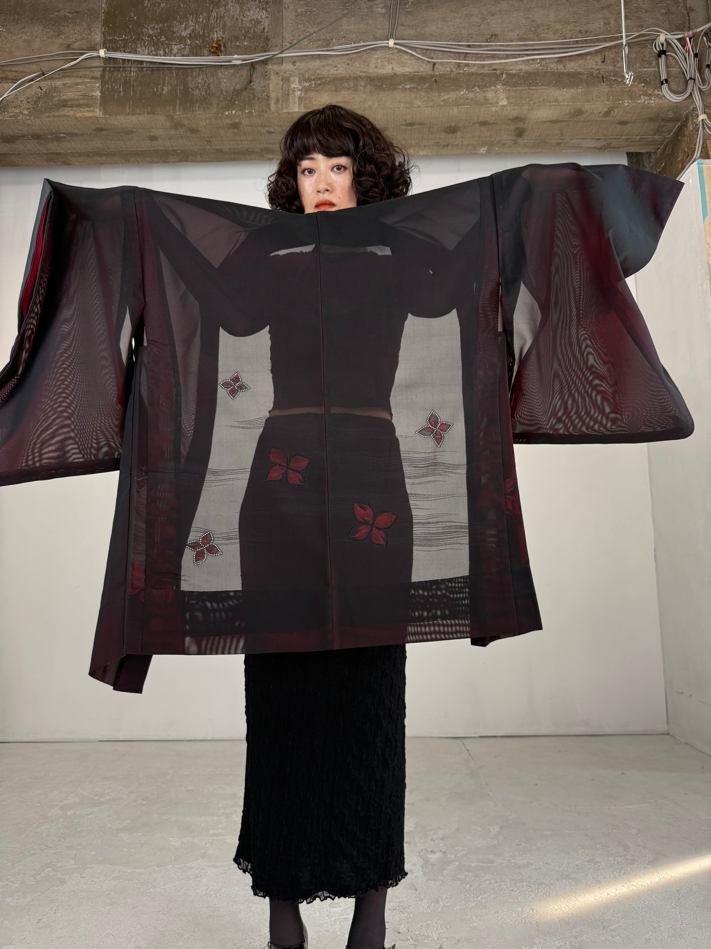 VINTAGE BLACK HAORI SHEER “sha, red, hana"