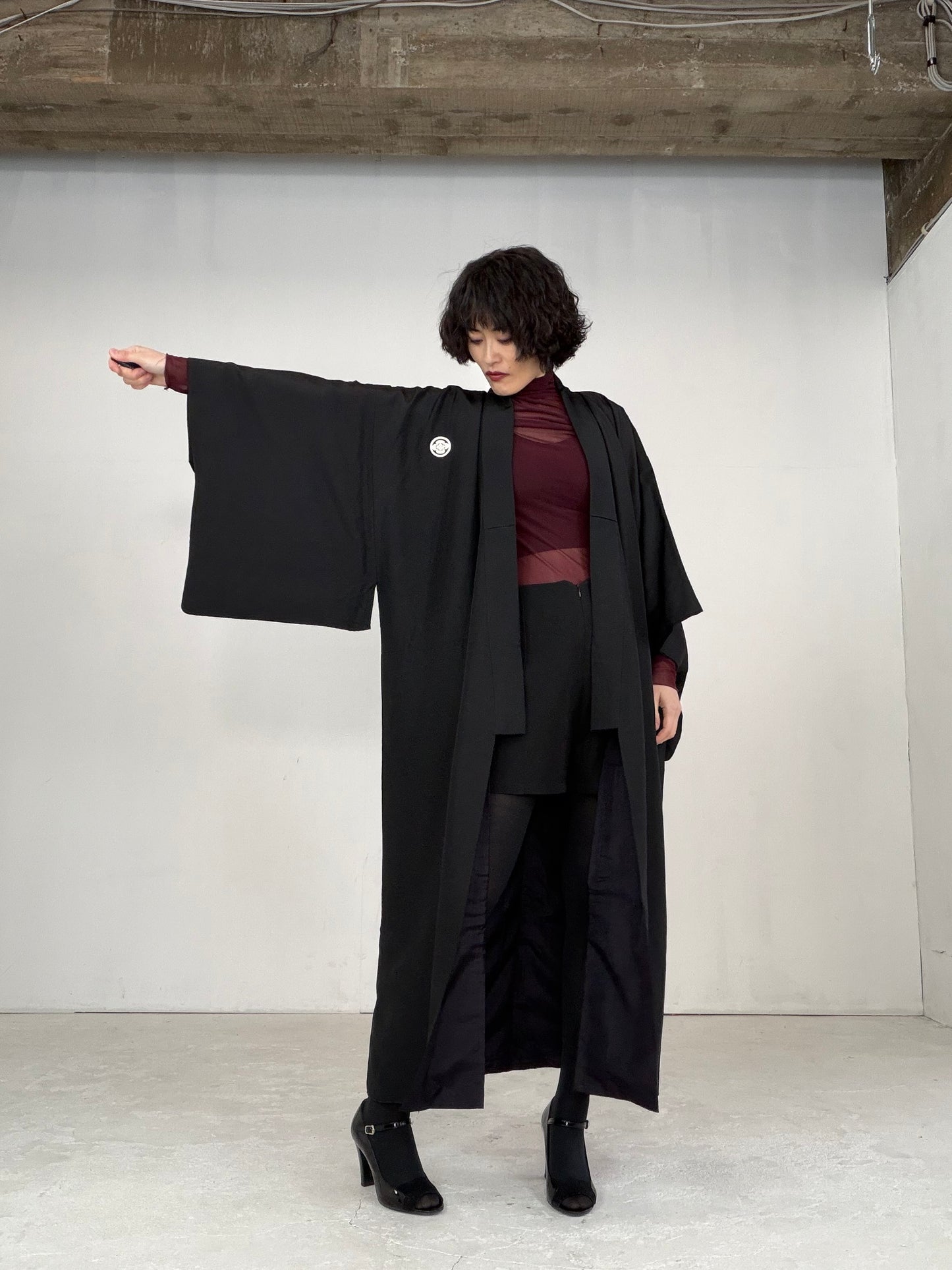 VINTAGE BLACK KIMONO MONTSUKI " KUK003"*damage
