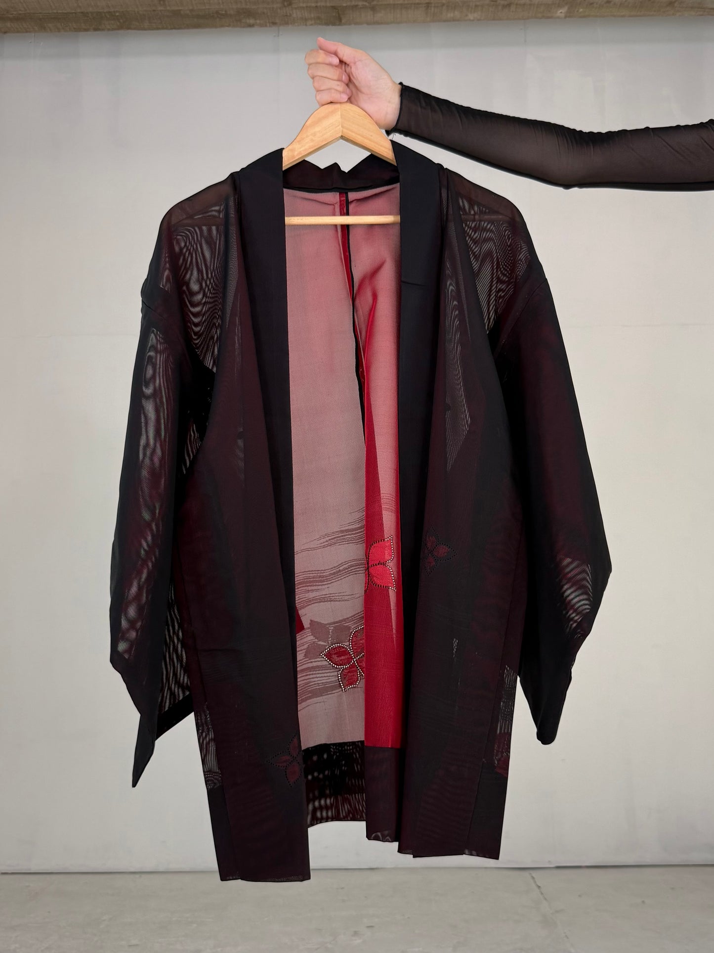 VINTAGE BLACK HAORI SHEER “sha, red, hana"