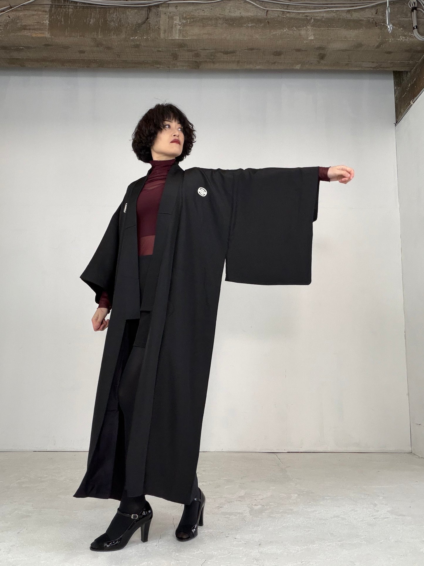 VINTAGE BLACK KIMONO MONTSUKI " KUK003"*damage