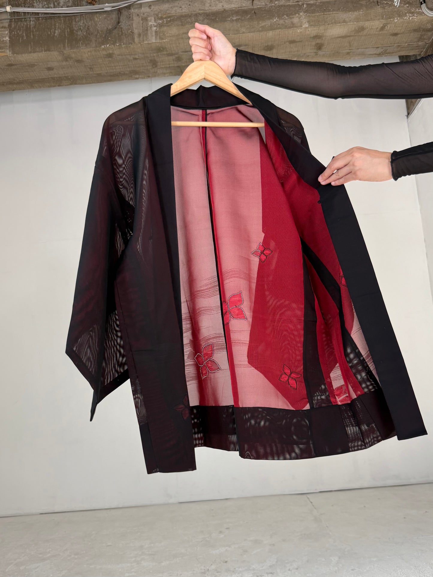 VINTAGE BLACK HAORI SHEER “sha, red, hana"