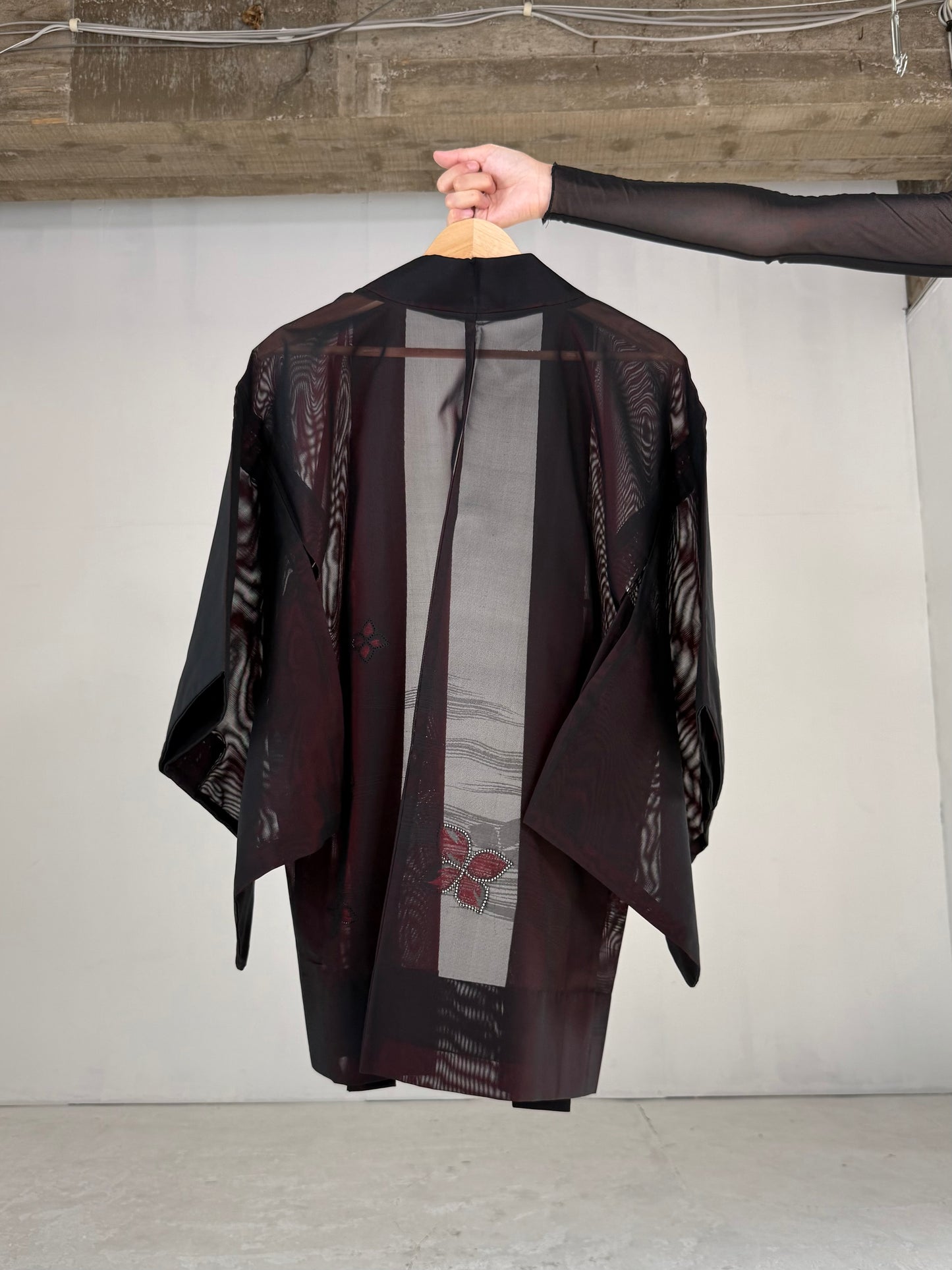VINTAGE BLACK HAORI SHEER “sha, red, hana"