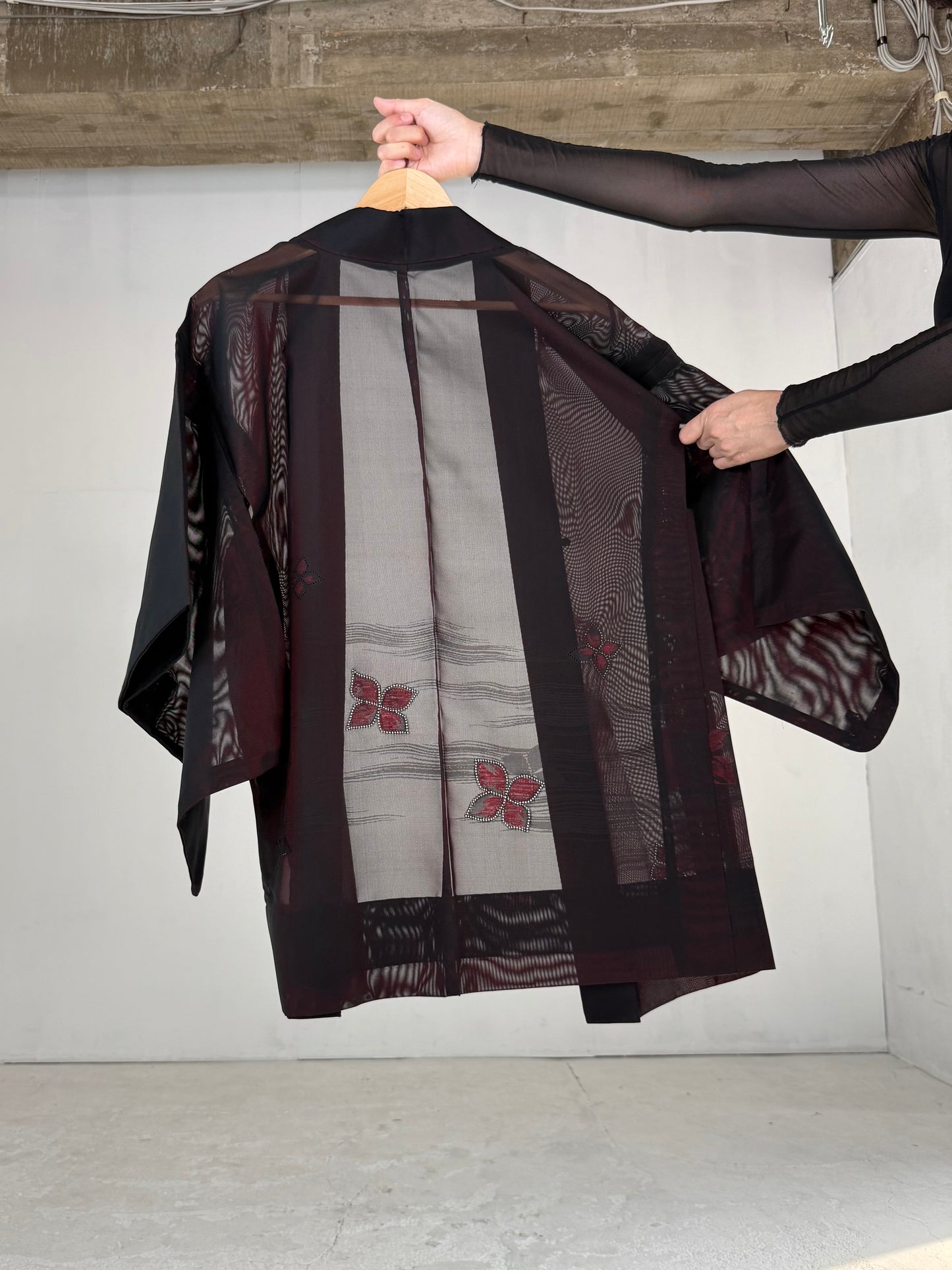 VINTAGE BLACK HAORI SHEER “sha, red, hana"