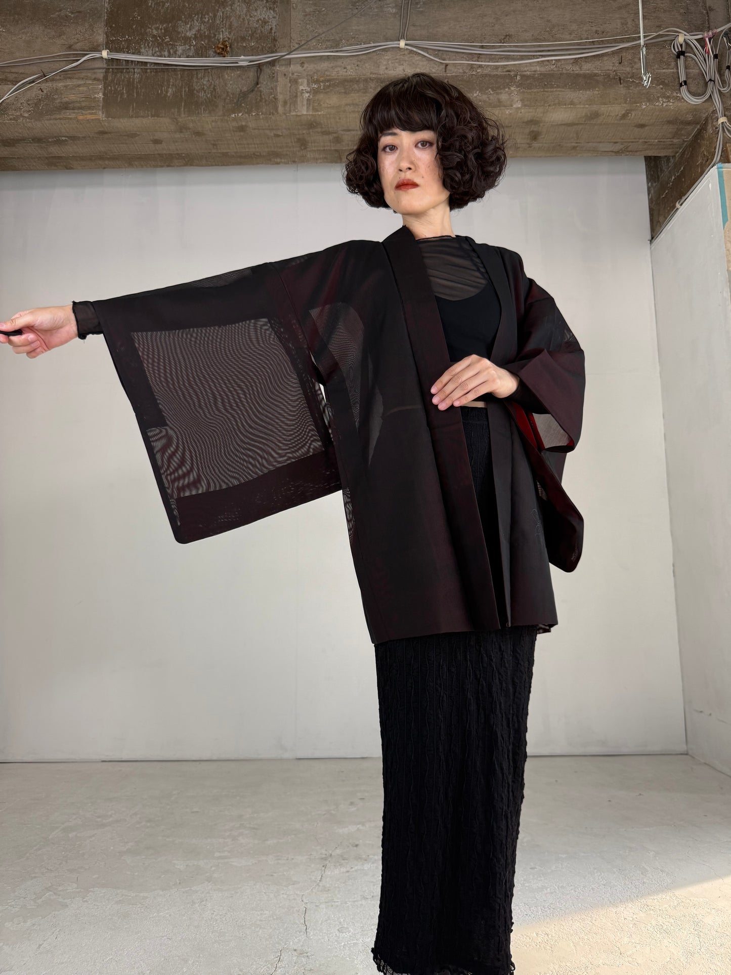 VINTAGE BLACK HAORI SHEER “sha, red, rose, embroidery"