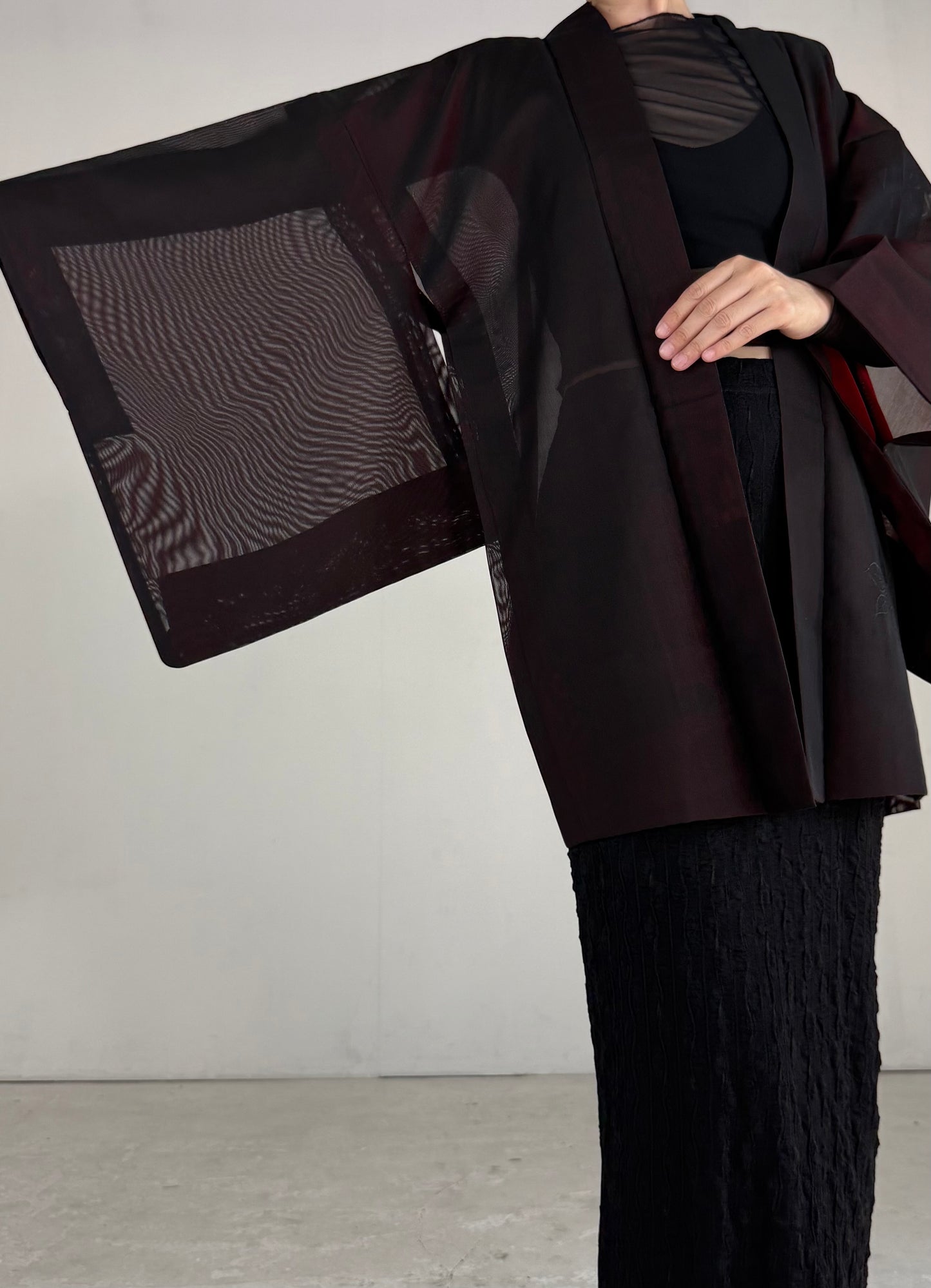 VINTAGE BLACK HAORI SHEER “sha, red, rose, embroidery"