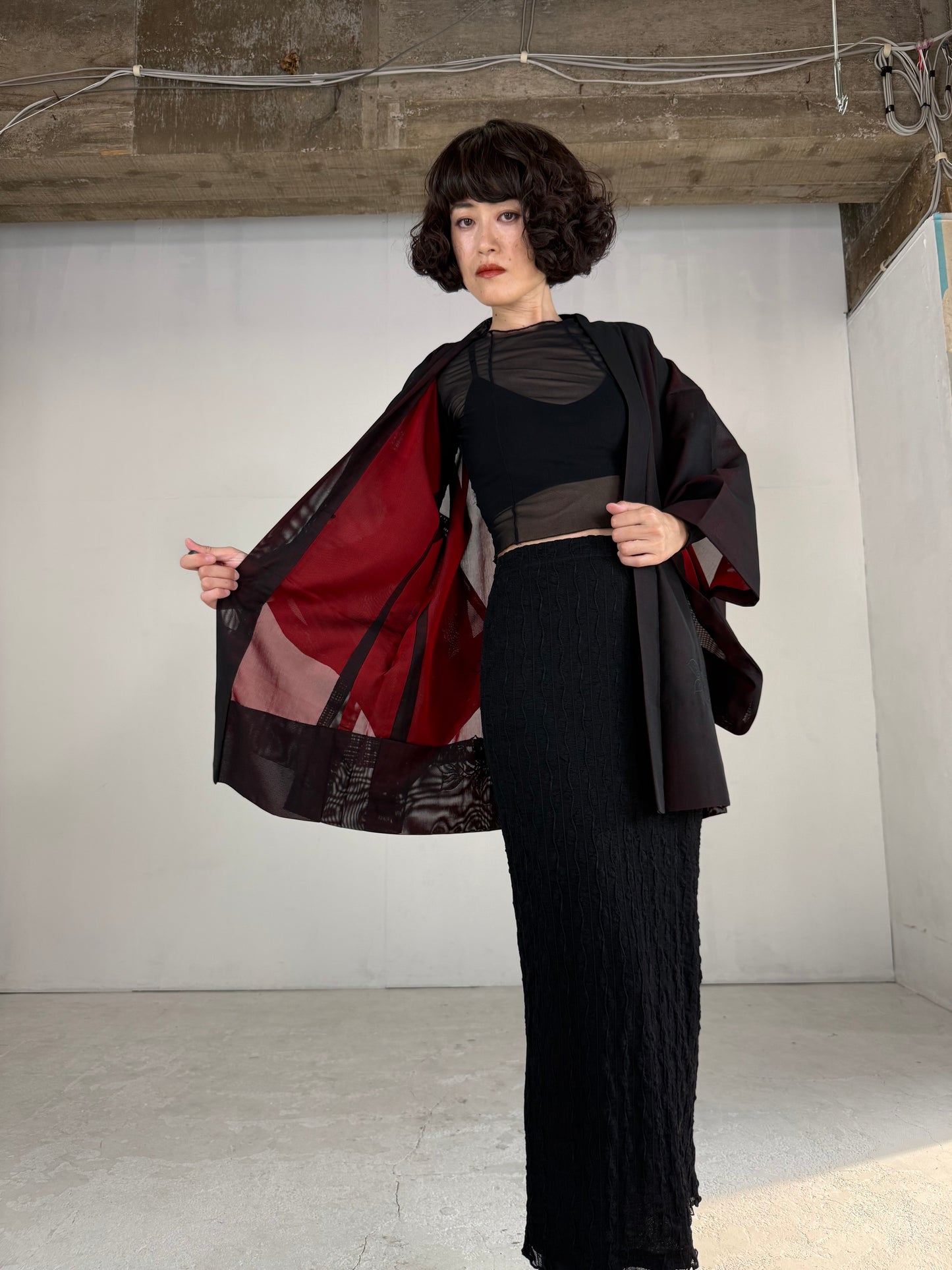 VINTAGE BLACK HAORI SHEER “sha, red, rose, embroidery"