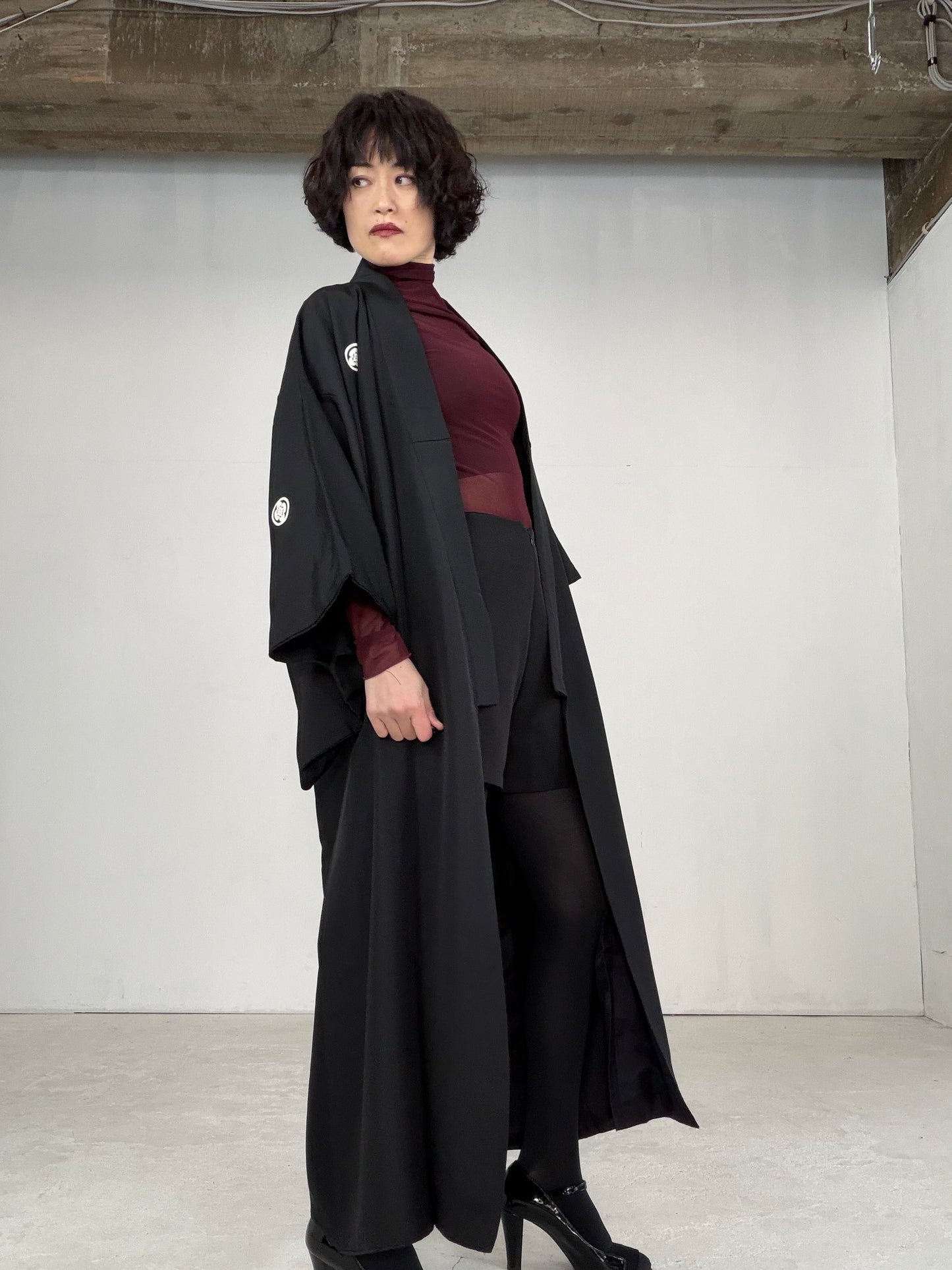 VINTAGE BLACK KIMONO MONTSUKI " KUK003"*damage