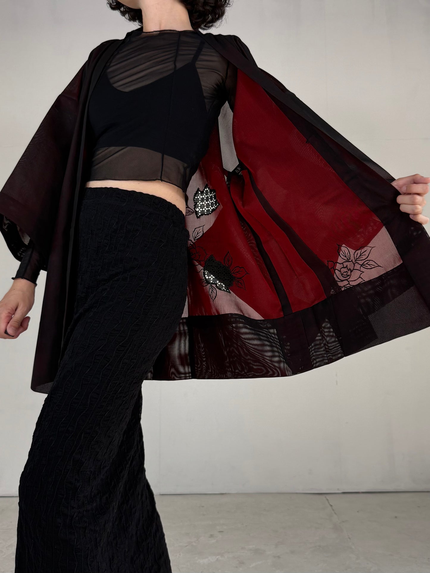 VINTAGE BLACK HAORI SHEER “sha, red, rose, embroidery"