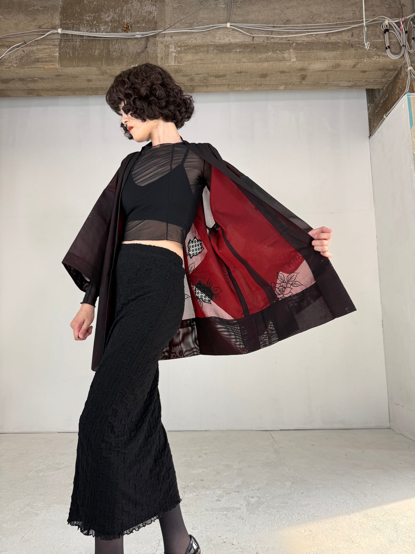 VINTAGE BLACK HAORI SHEER “sha, red, rose, embroidery"