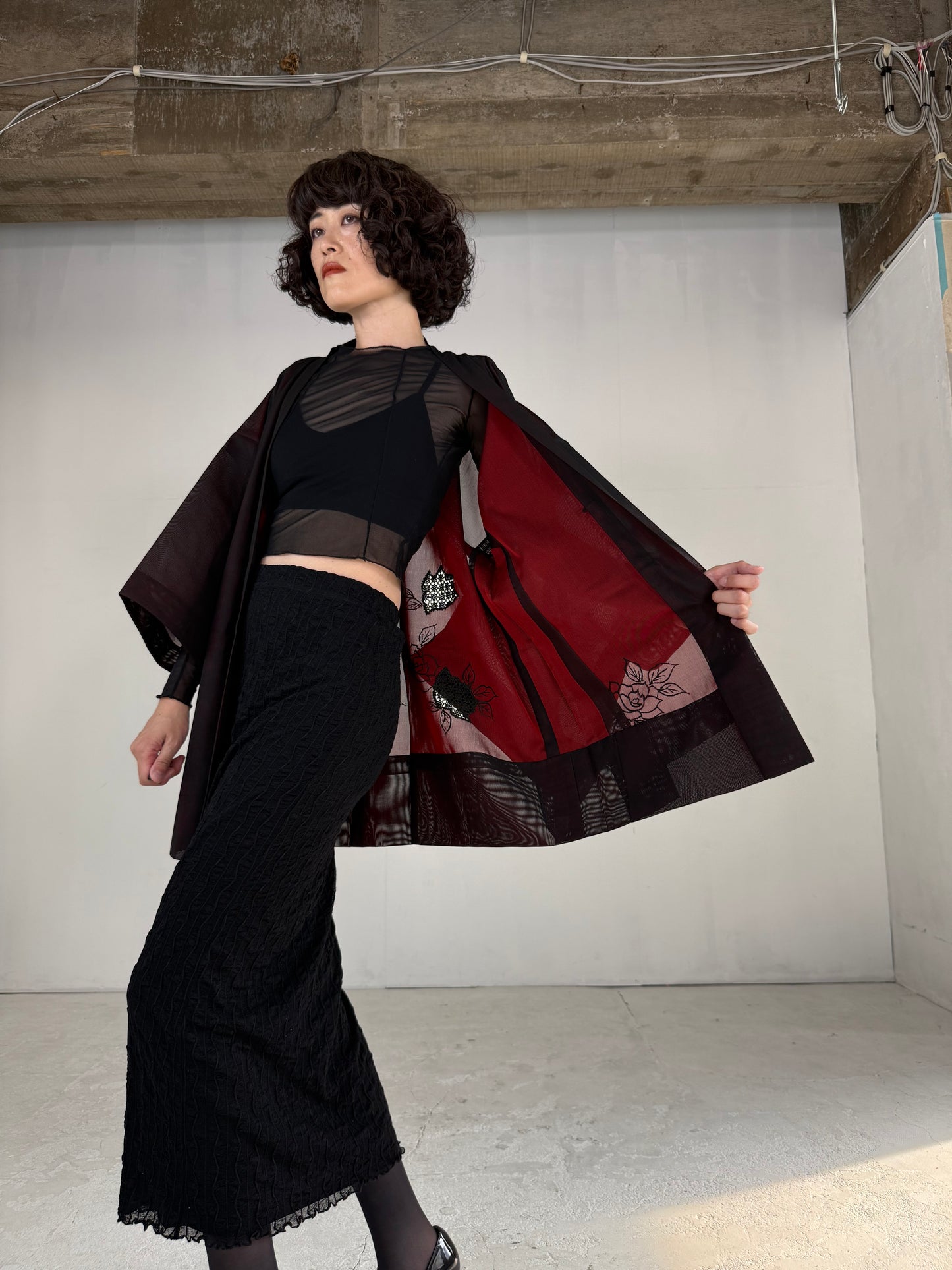 VINTAGE BLACK HAORI SHEER “sha, red, rose, embroidery"