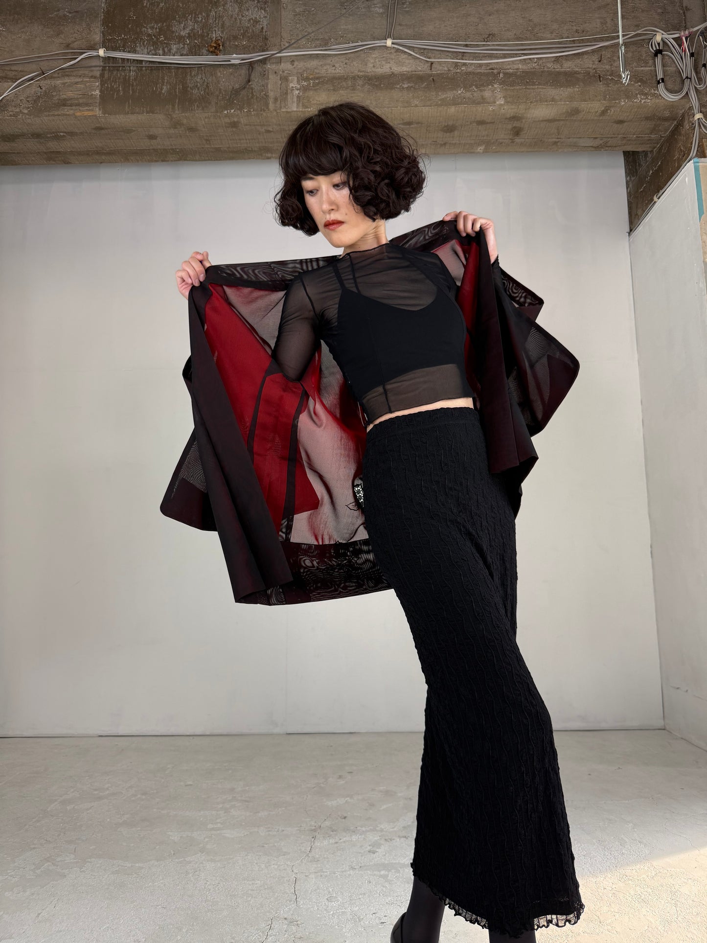 VINTAGE BLACK HAORI SHEER “sha, red, rose, embroidery"