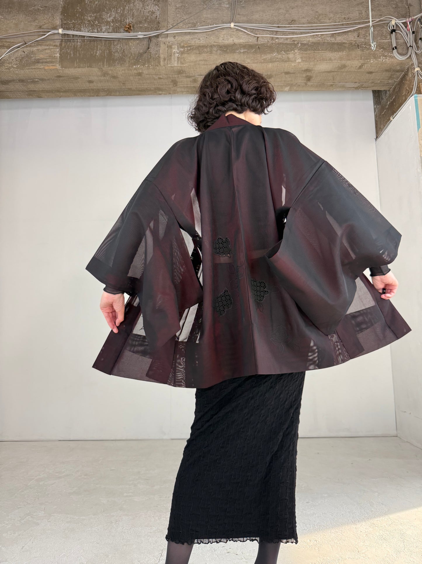 VINTAGE BLACK HAORI SHEER “sha, red, rose, embroidery"