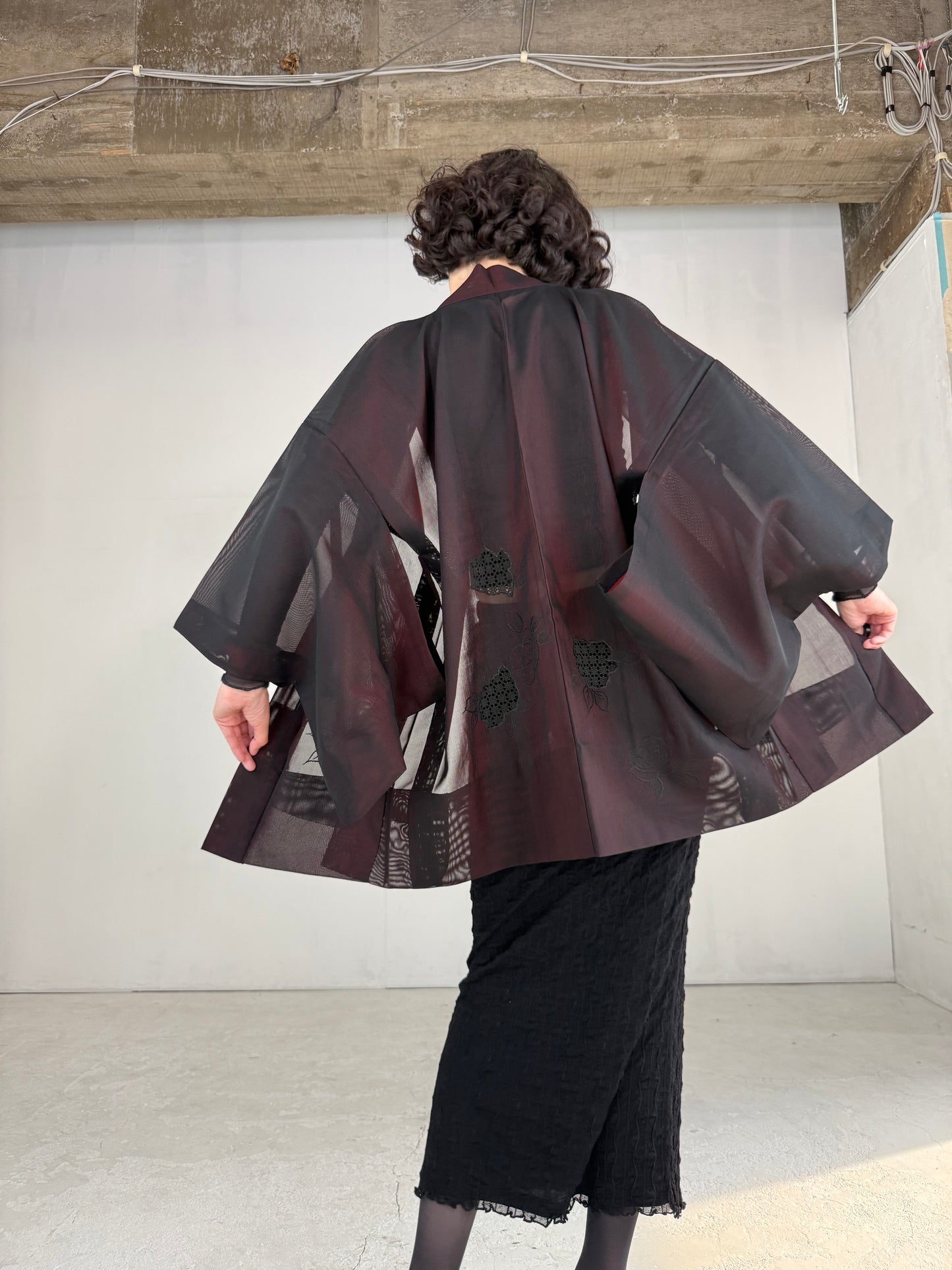 VINTAGE BLACK HAORI SHEER “sha, red, rose, embroidery"