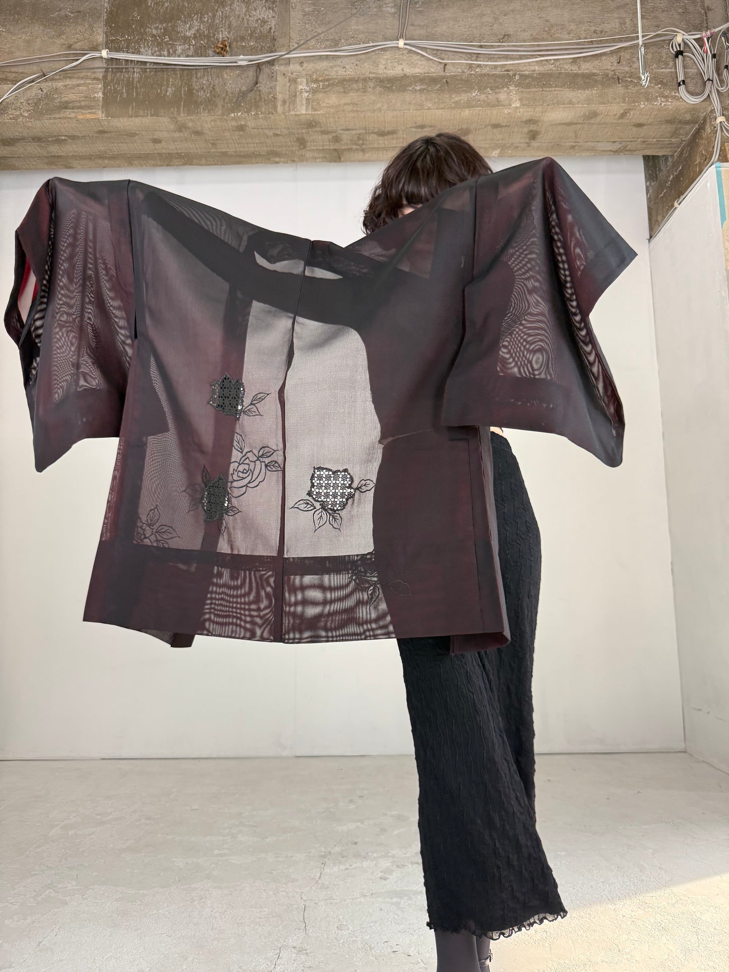 VINTAGE BLACK HAORI SHEER “sha, red, rose, embroidery"