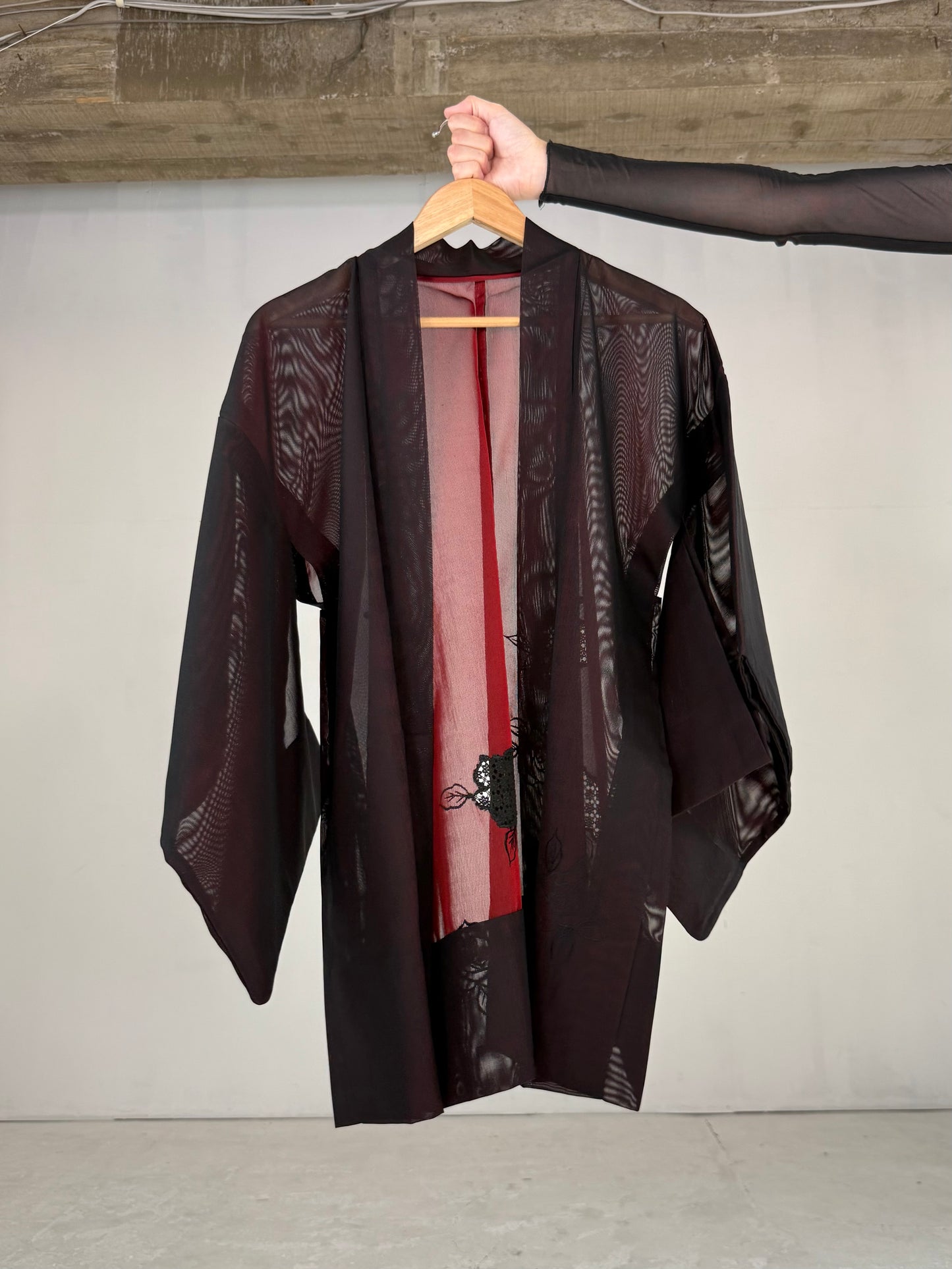 VINTAGE BLACK HAORI SHEER “sha, red, rose, embroidery"