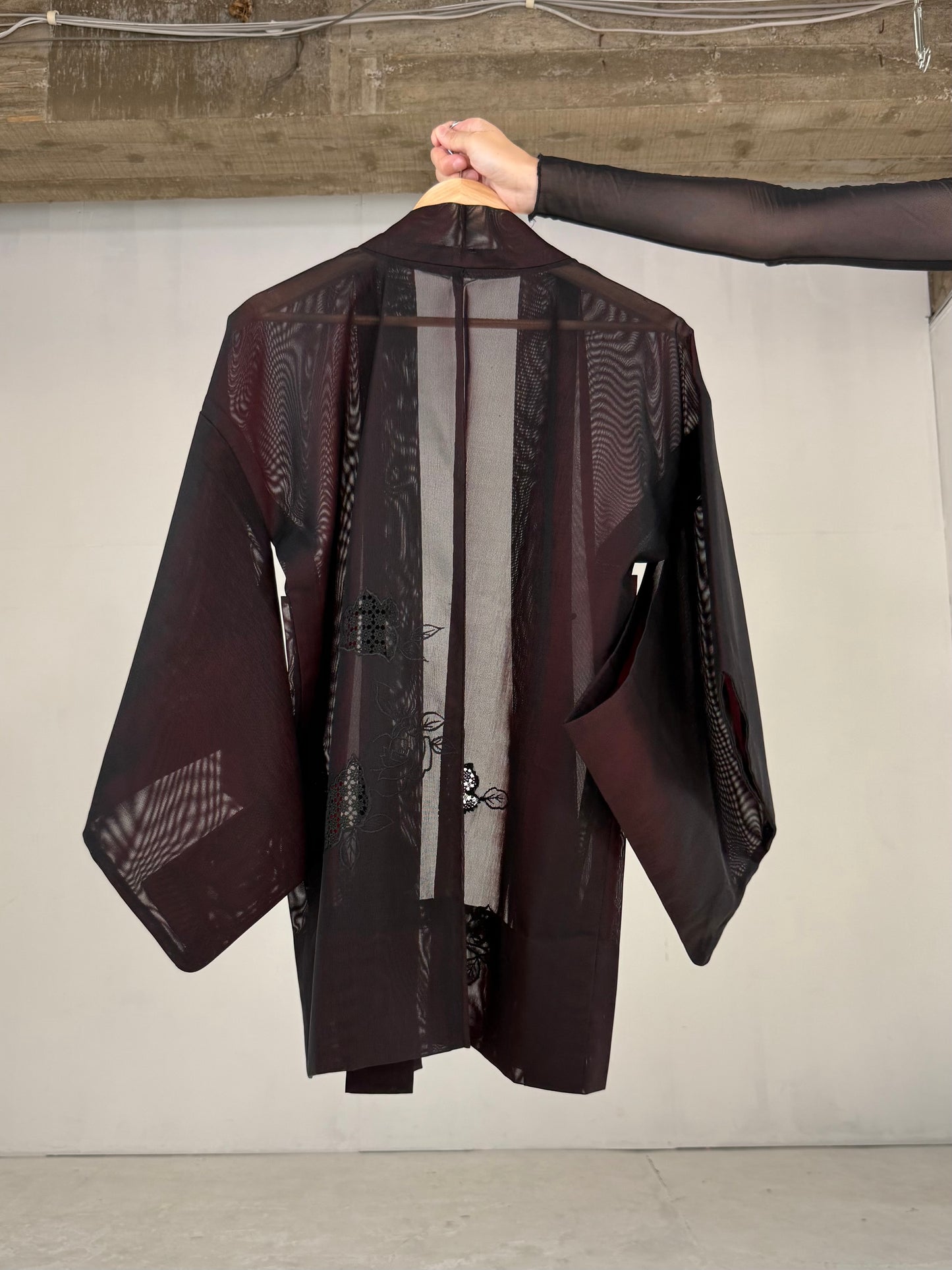 VINTAGE BLACK HAORI SHEER “sha, red, rose, embroidery"
