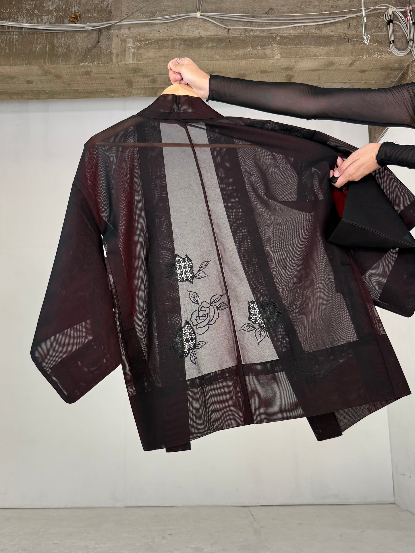 VINTAGE BLACK HAORI SHEER “sha, red, rose, embroidery"