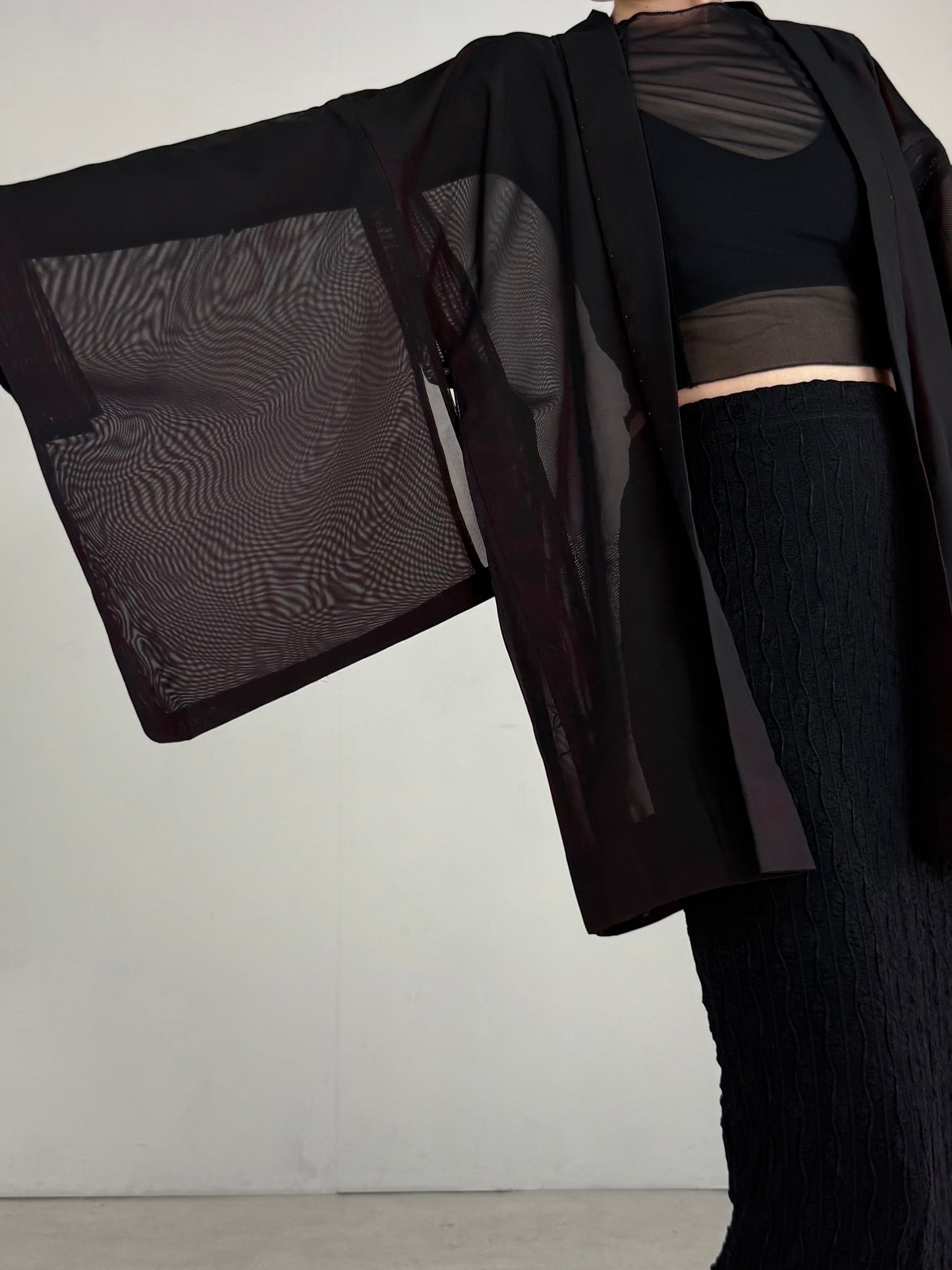 VINTAGE BLACK HAORI SHEER “sha, red, ryusui"