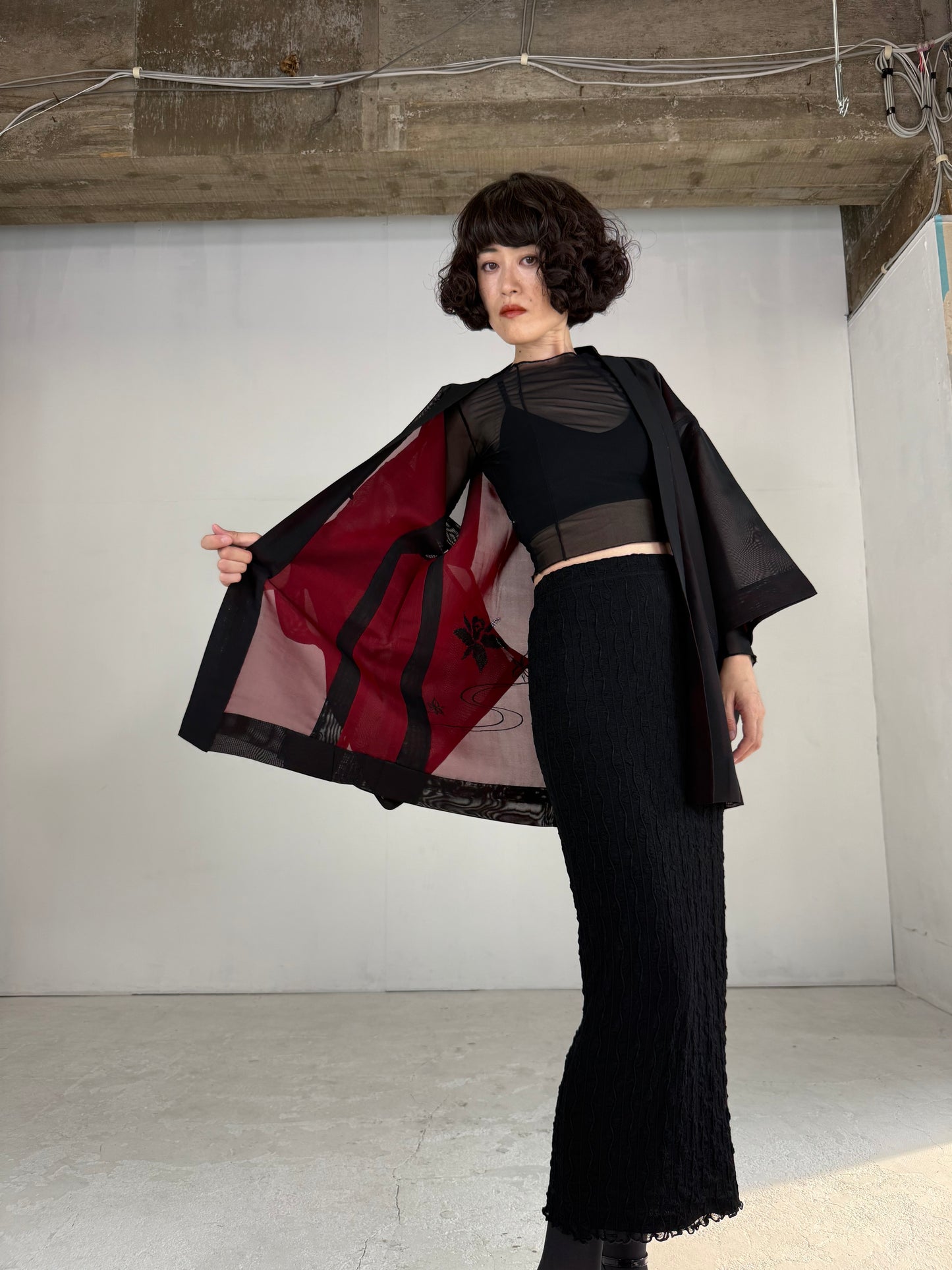 VINTAGE BLACK HAORI SHEER “sha, red, ryusui"