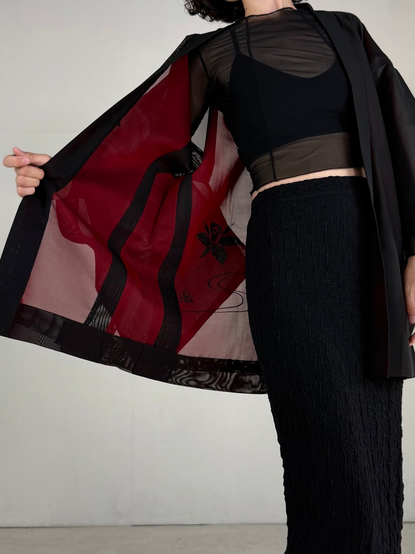 VINTAGE BLACK HAORI SHEER “sha, red, ryusui"