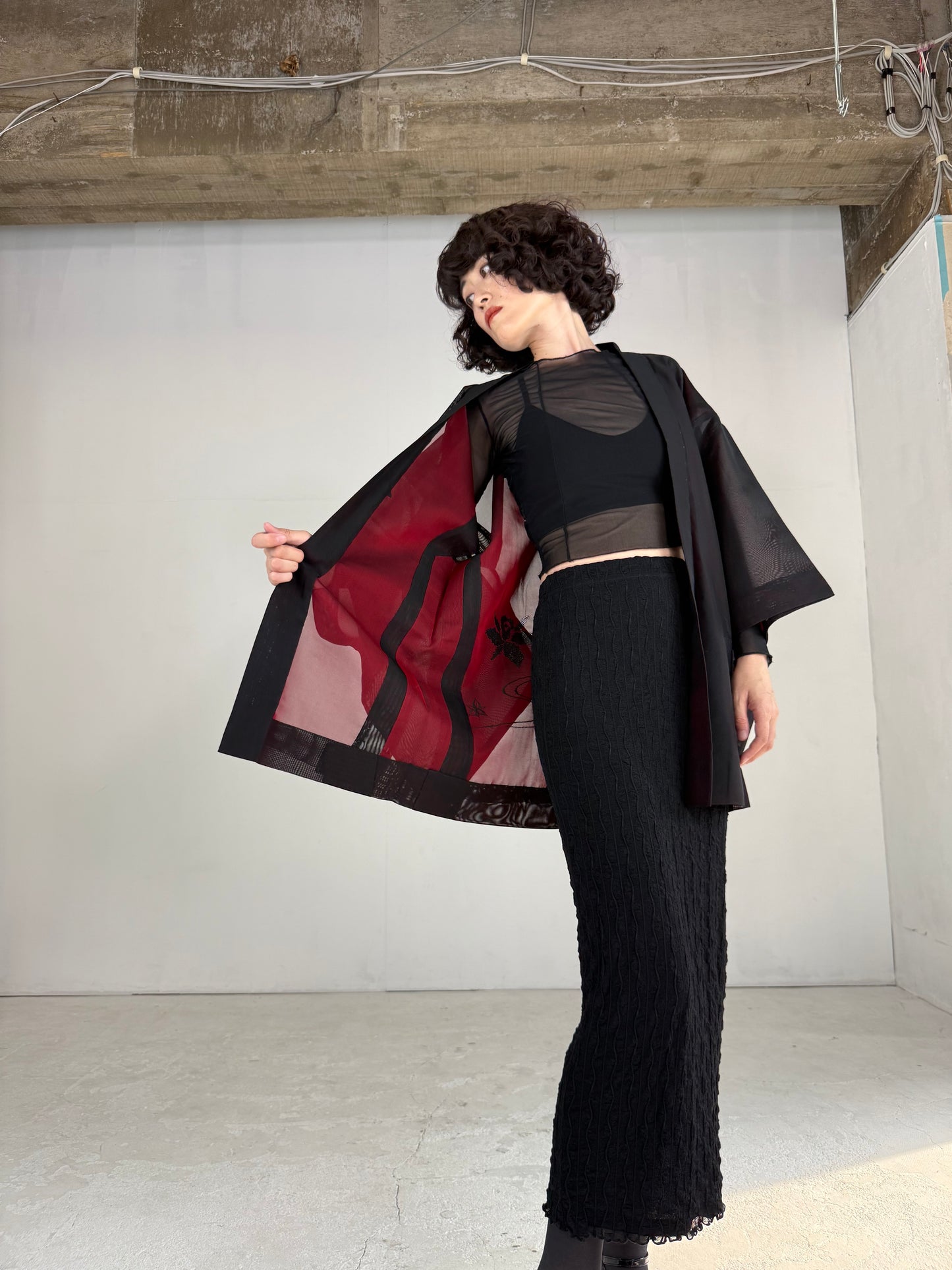 VINTAGE BLACK HAORI SHEER “sha, red, ryusui"