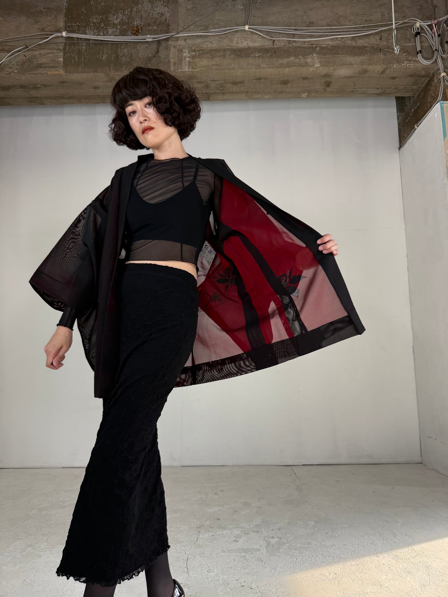 VINTAGE BLACK HAORI SHEER “sha, red, ryusui"