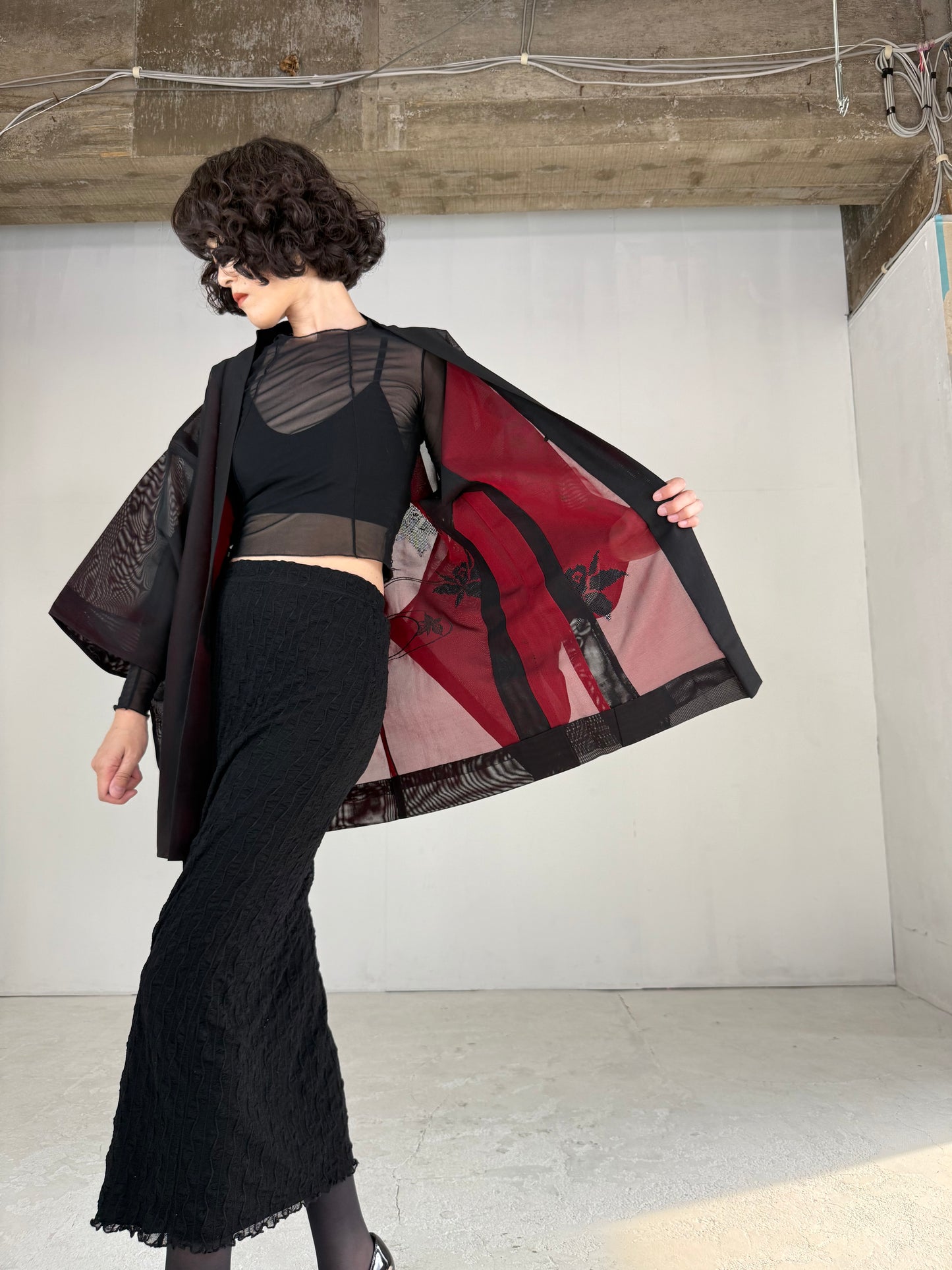 VINTAGE BLACK HAORI SHEER “sha, red, ryusui"