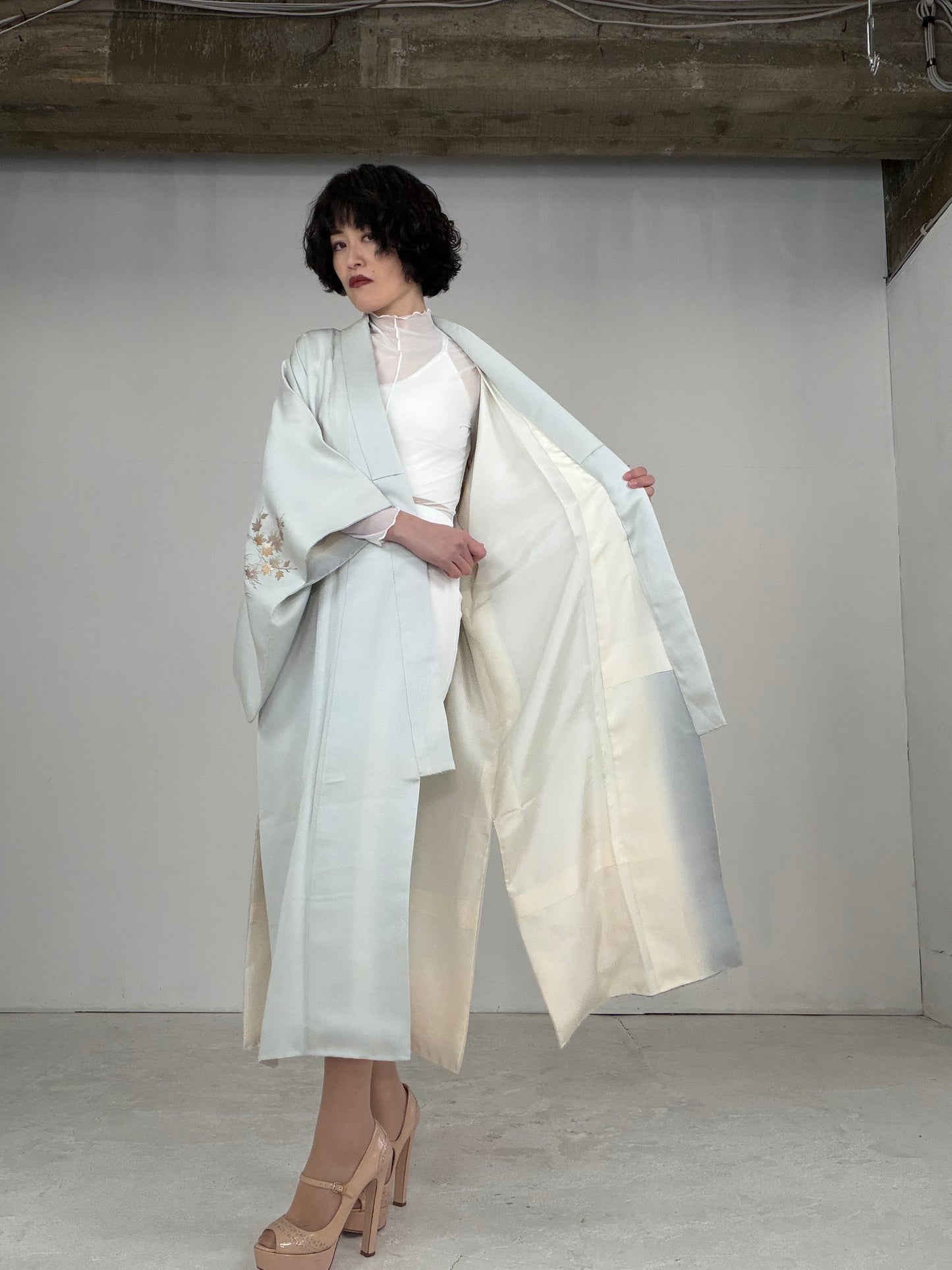 Houmongi Kimono dress gown and string belt upcycled from Japanese kimono"DRE014"