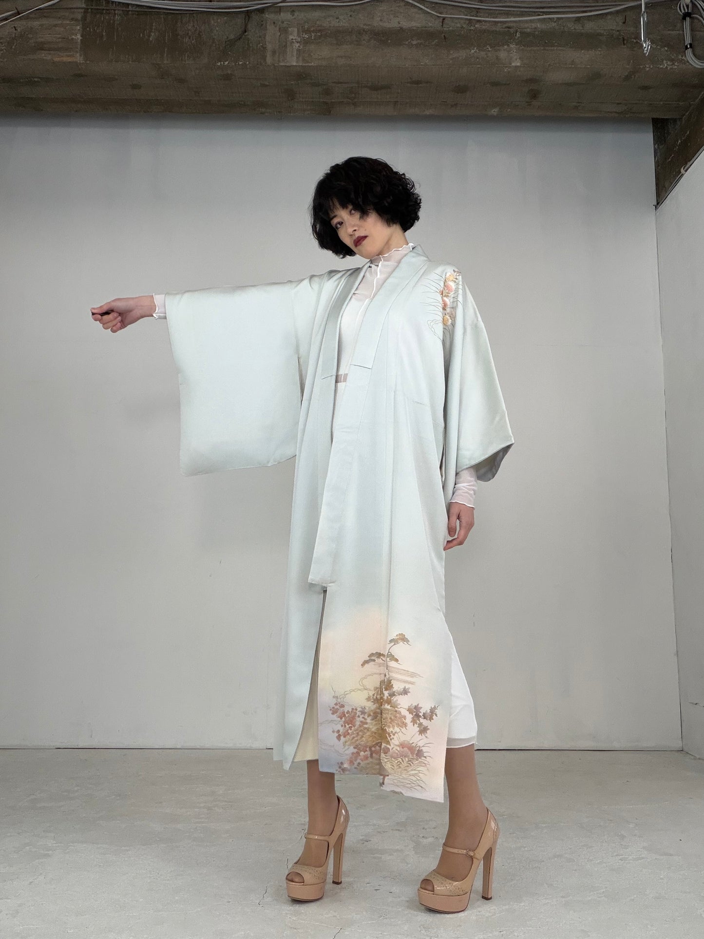 Houmongi Kimono dress gown and string belt upcycled from Japanese kimono"DRE014"