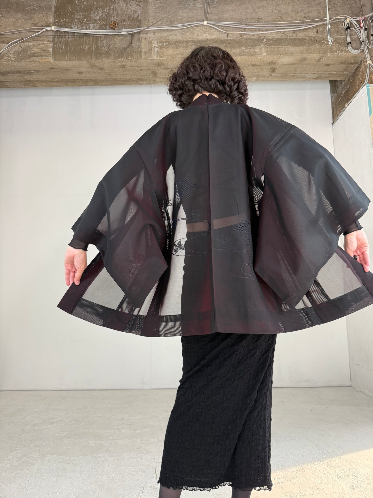 VINTAGE BLACK HAORI SHEER “sha, red, ryusui"