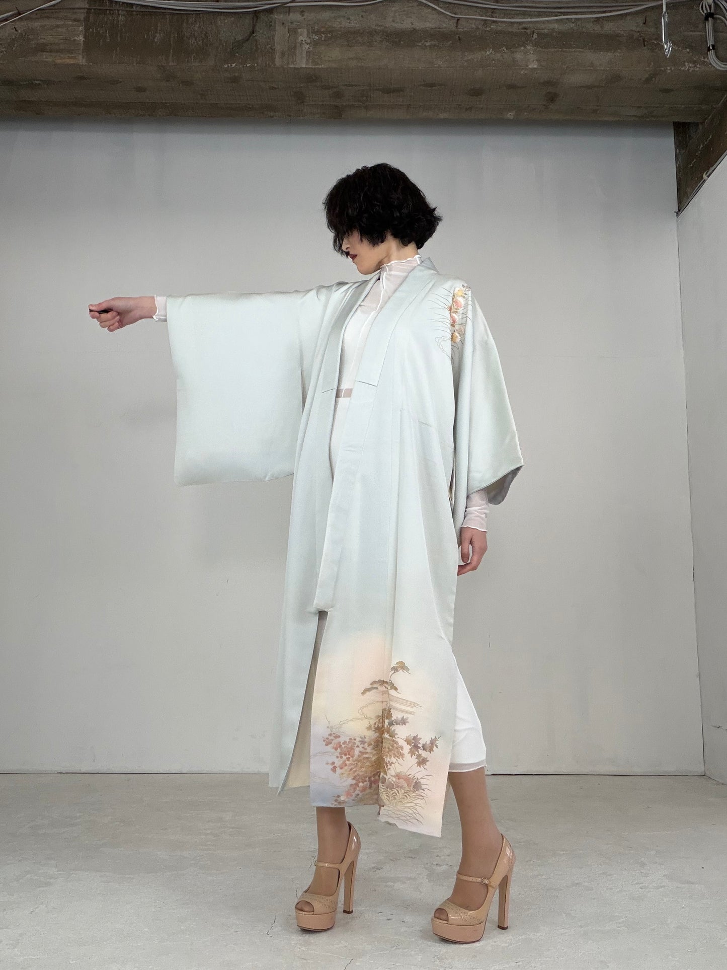 Houmongi Kimono dress gown and string belt upcycled from Japanese kimono"DRE014"