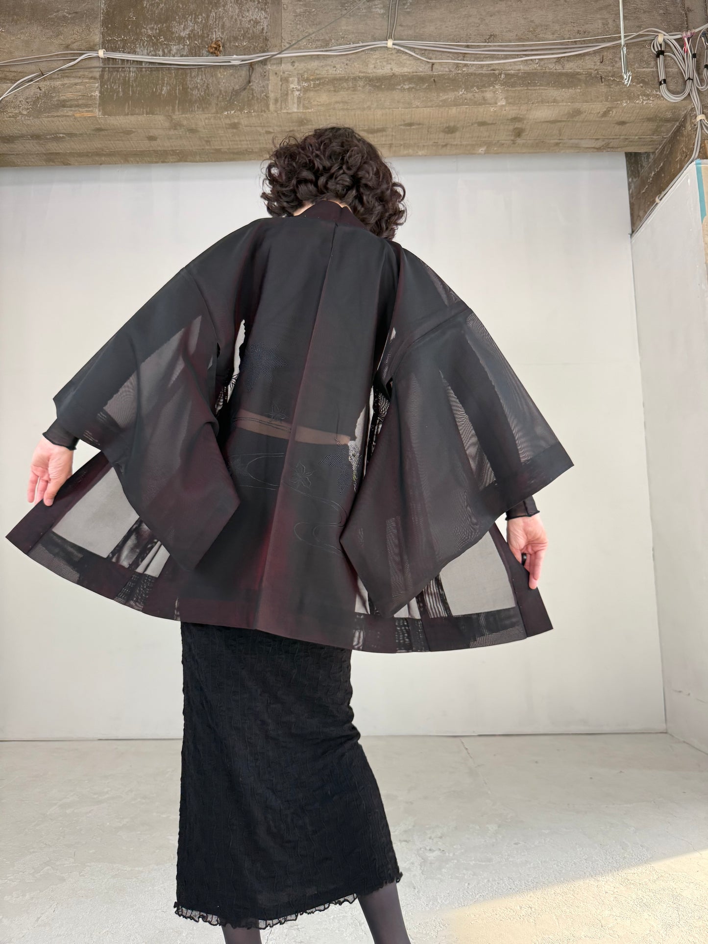 VINTAGE BLACK HAORI SHEER “sha, red, ryusui"