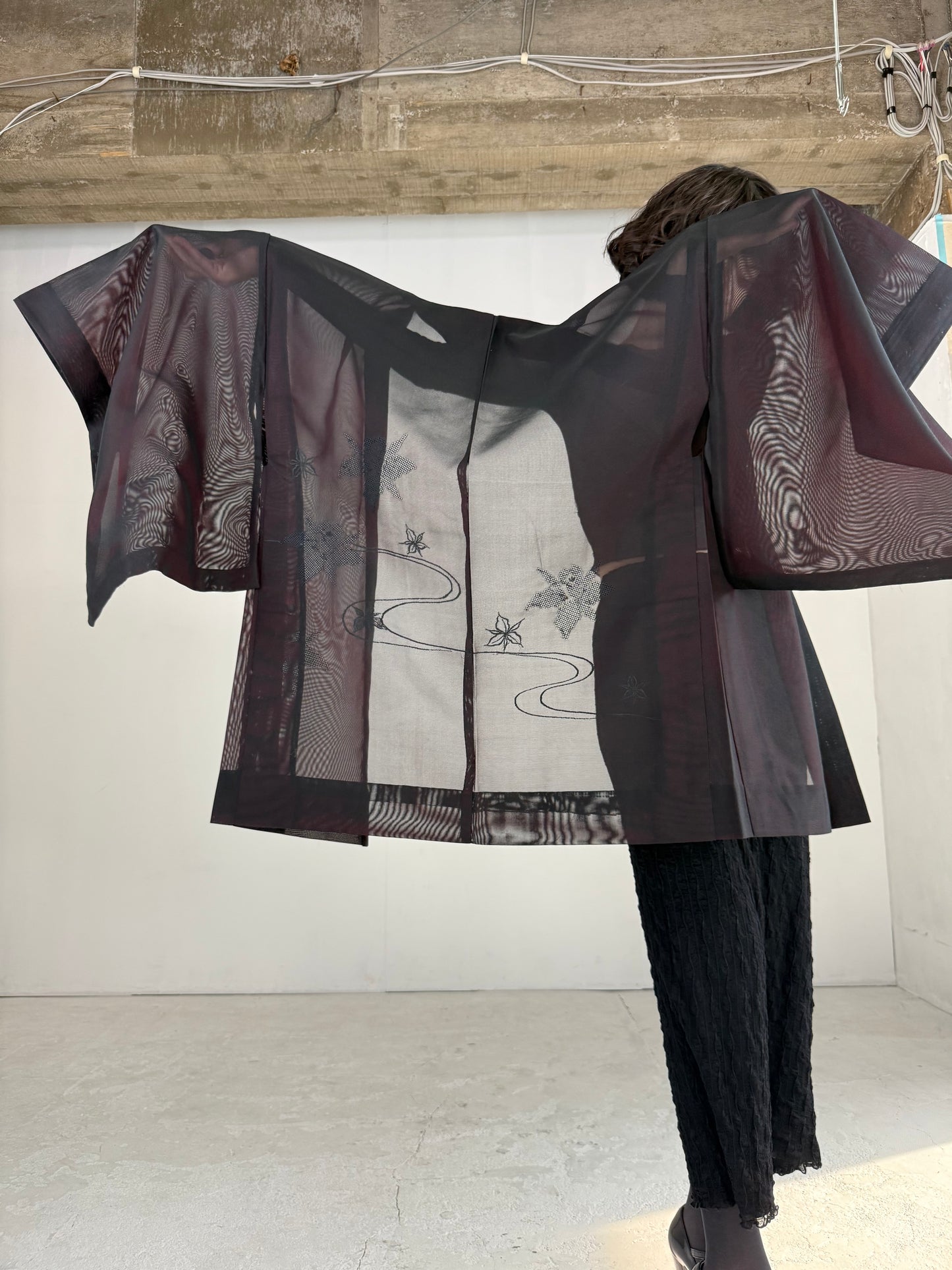 VINTAGE BLACK HAORI SHEER “sha, red, ryusui"