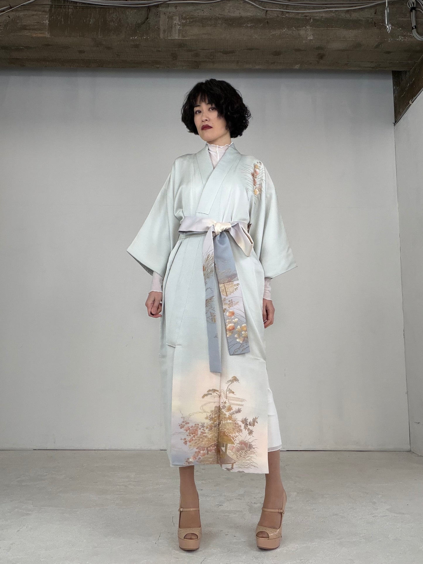 Houmongi Kimono dress gown and string belt upcycled from Japanese kimono"DRE014"