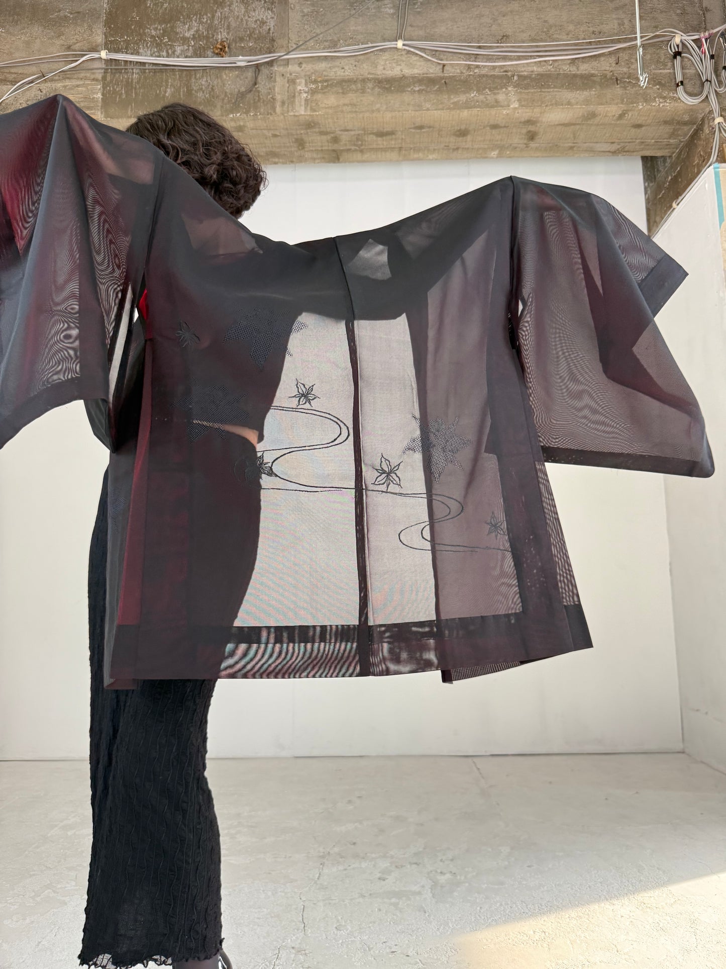 VINTAGE BLACK HAORI SHEER “sha, red, ryusui"