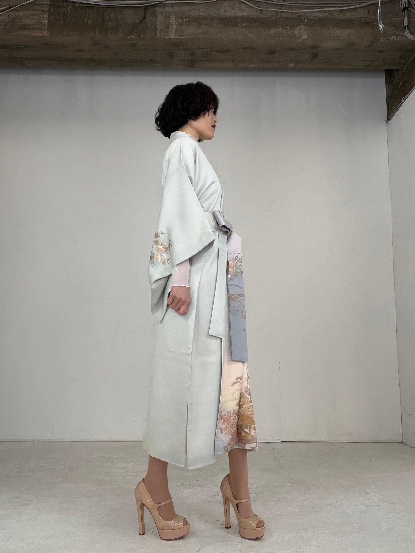 Houmongi Kimono dress gown and string belt upcycled from Japanese kimono"DRE014"