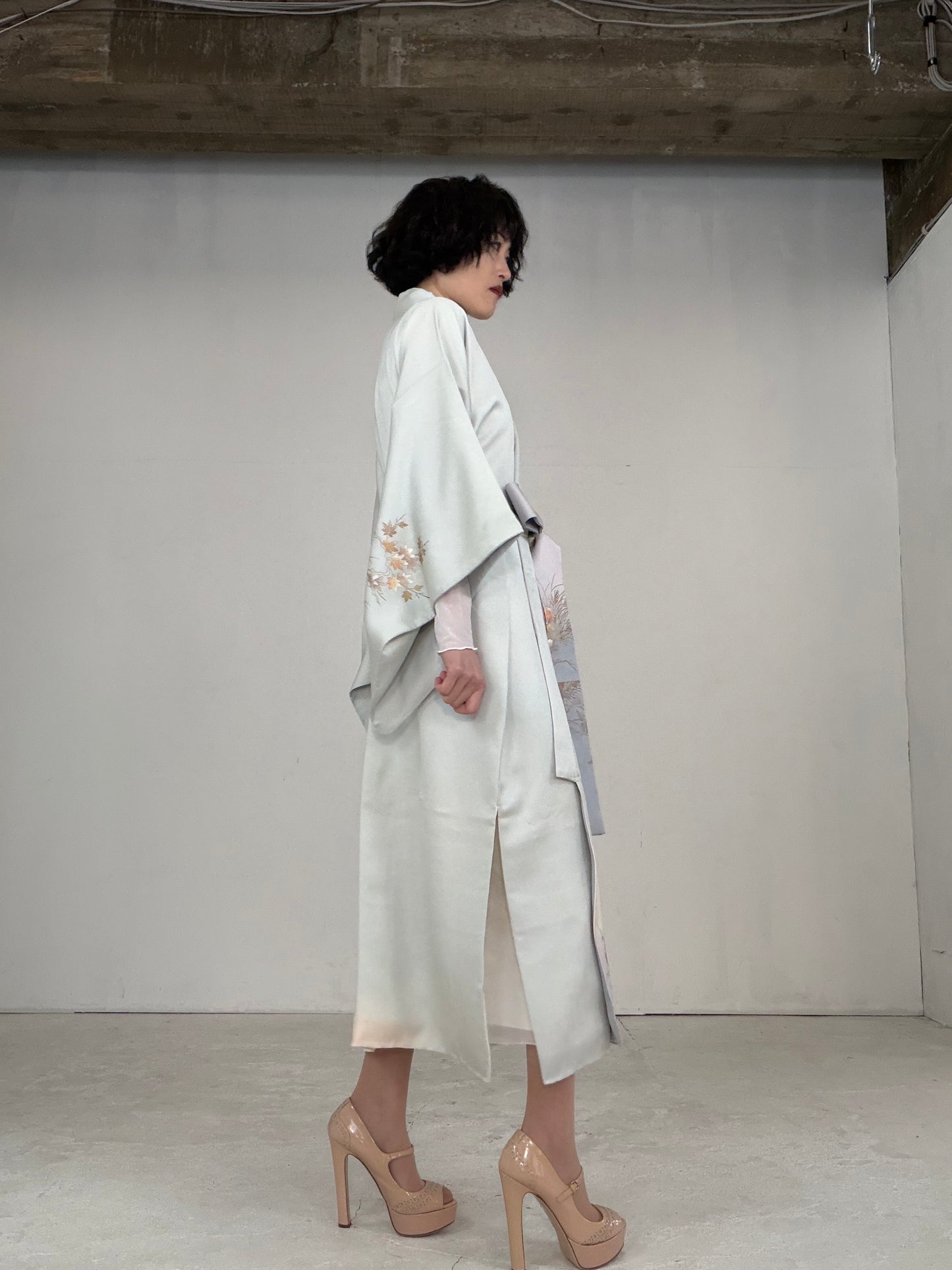 Houmongi Kimono dress gown and string belt upcycled from Japanese kimono"DRE014"