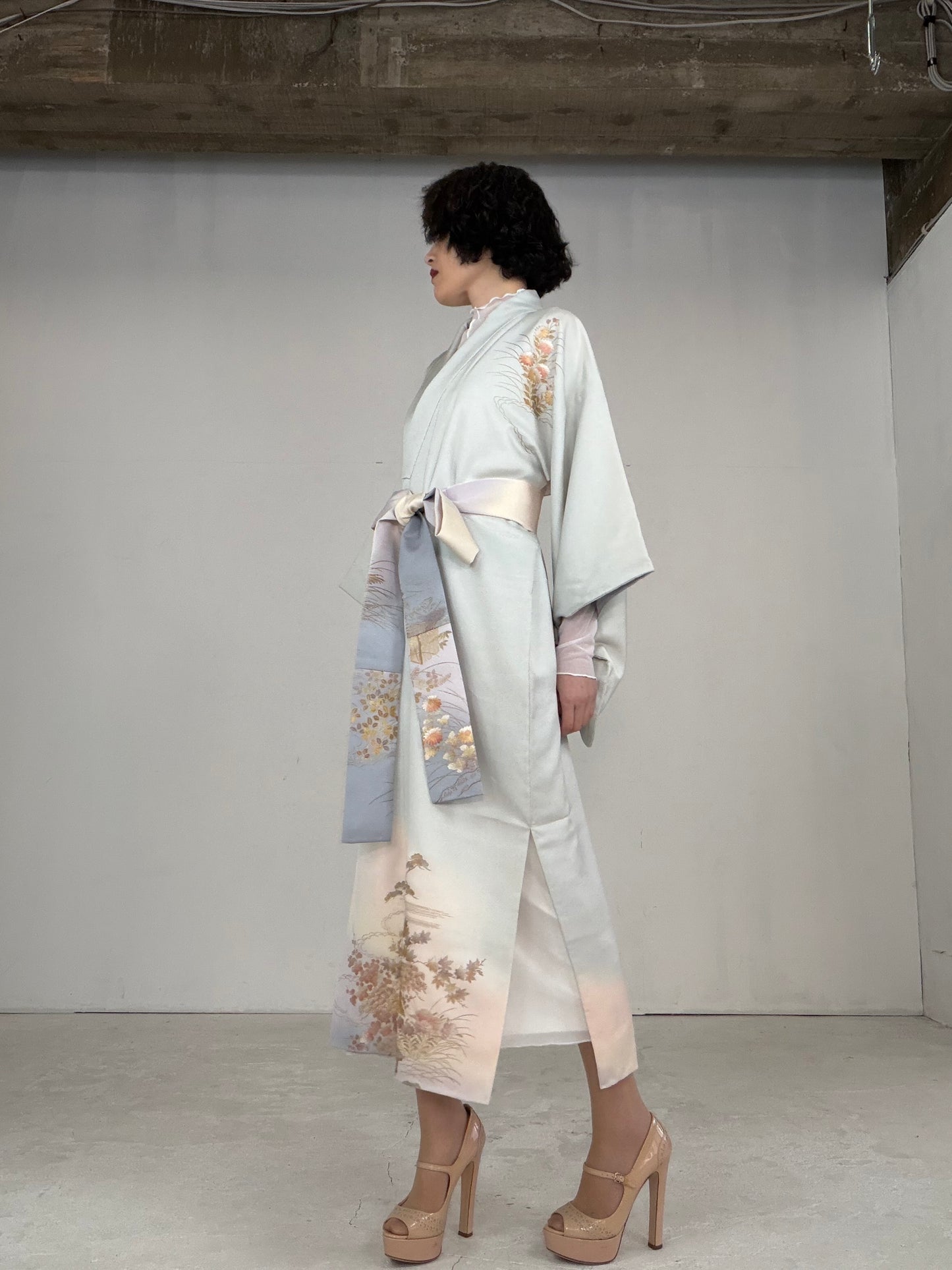 Houmongi Kimono dress gown and string belt upcycled from Japanese kimono"DRE014"