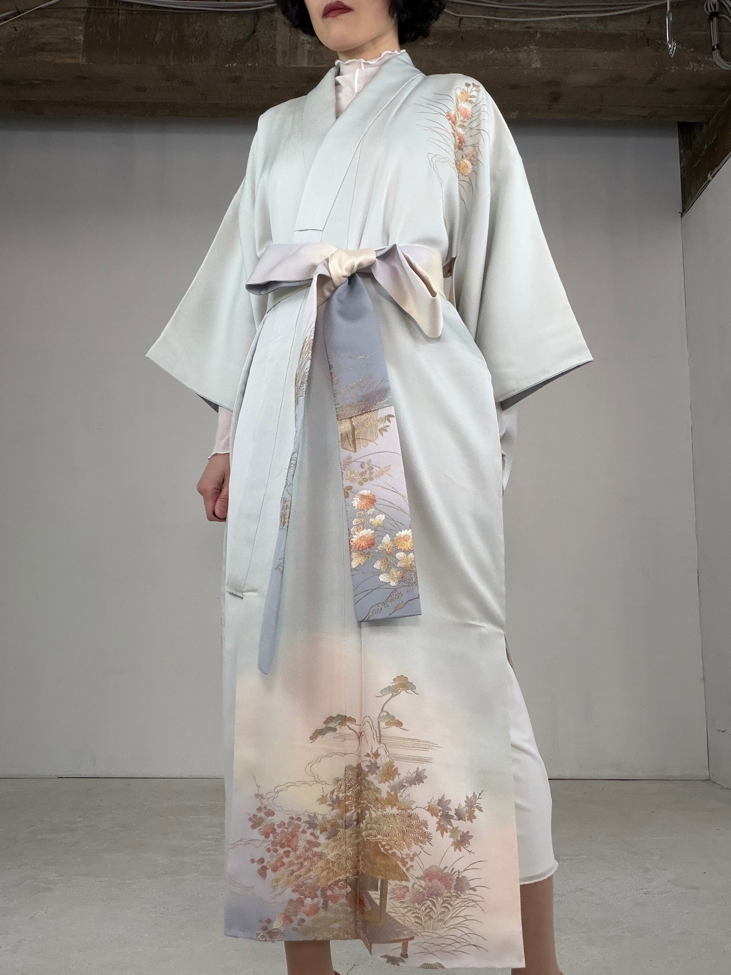Houmongi Kimono dress gown and string belt upcycled from Japanese kimono"DRE014"