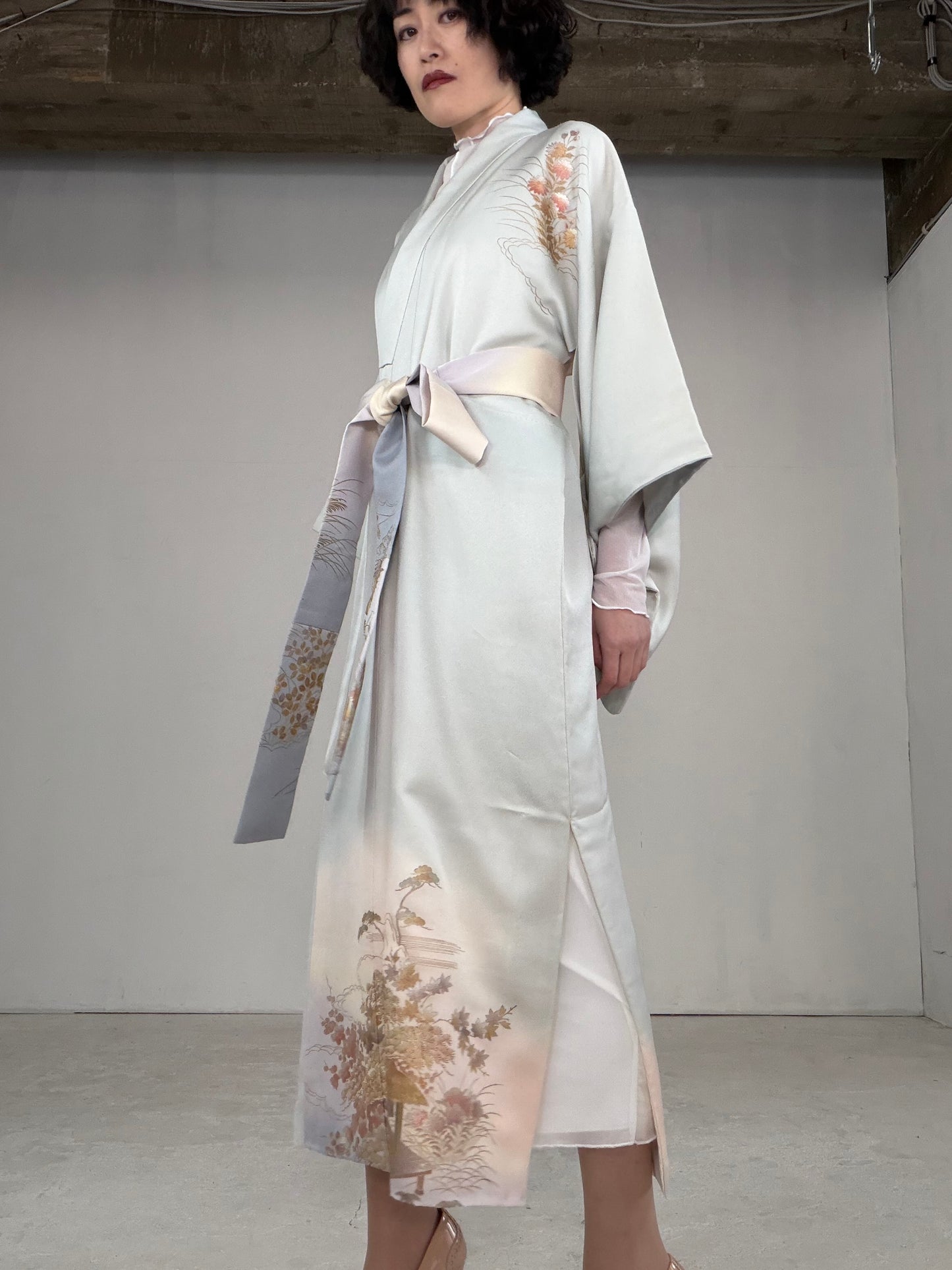 Houmongi Kimono dress gown and string belt upcycled from Japanese kimono"DRE014"