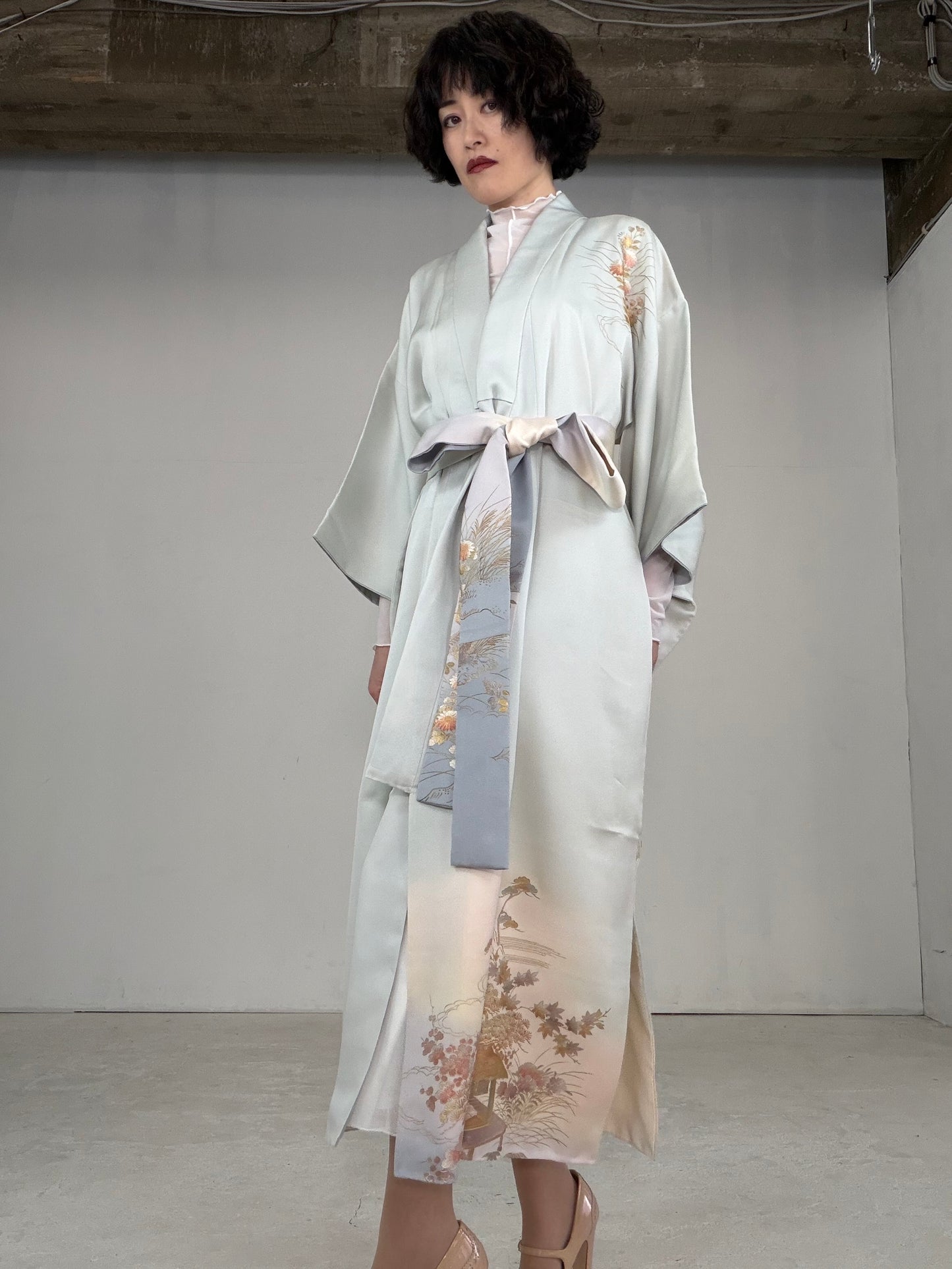 Houmongi Kimono dress gown and string belt upcycled from Japanese kimono"DRE014"