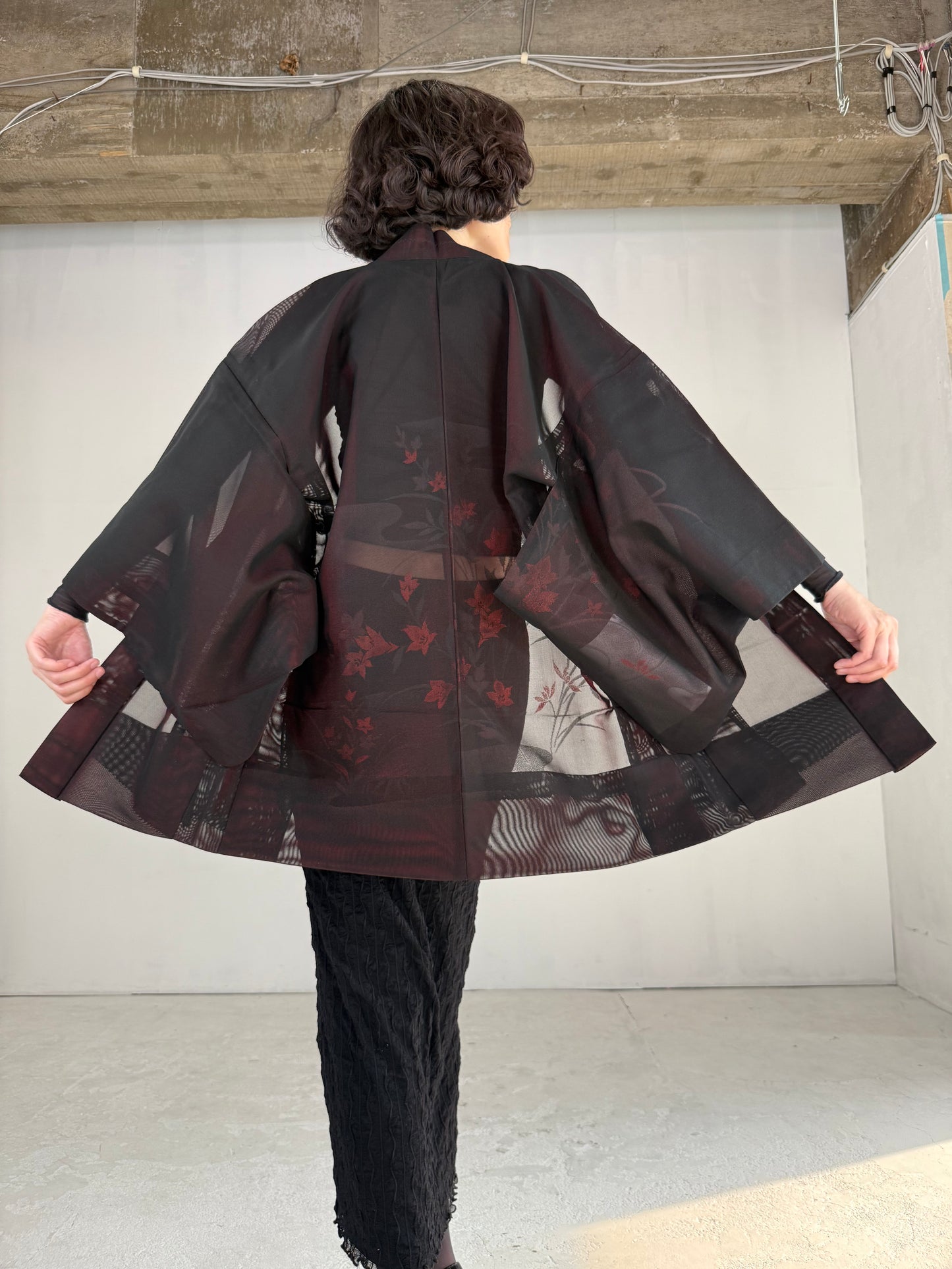 VINTAGE BLACK HAORI SHEER “sha, red, kikyo"