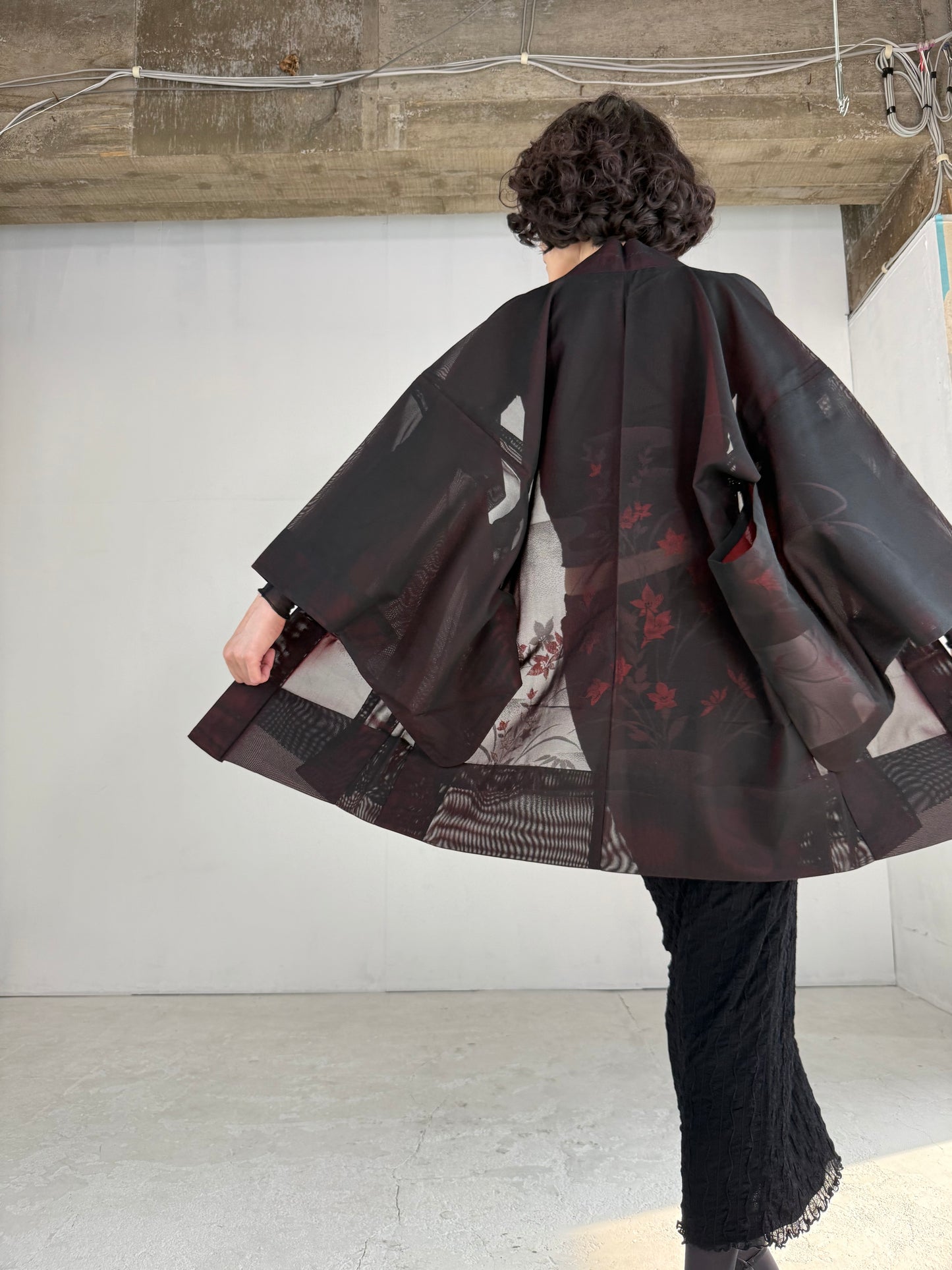 VINTAGE BLACK HAORI SHEER “sha, red, kikyo"