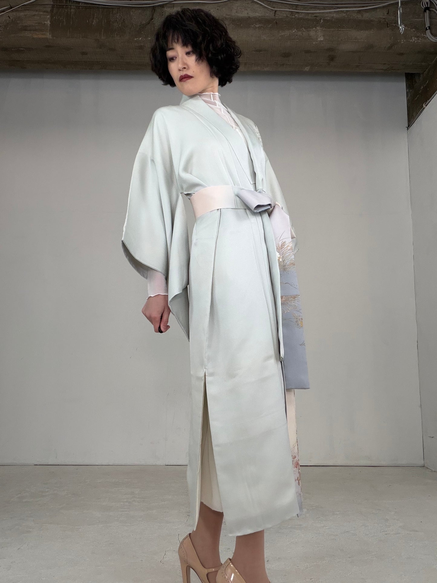 Houmongi Kimono dress gown and string belt upcycled from Japanese kimono"DRE014"