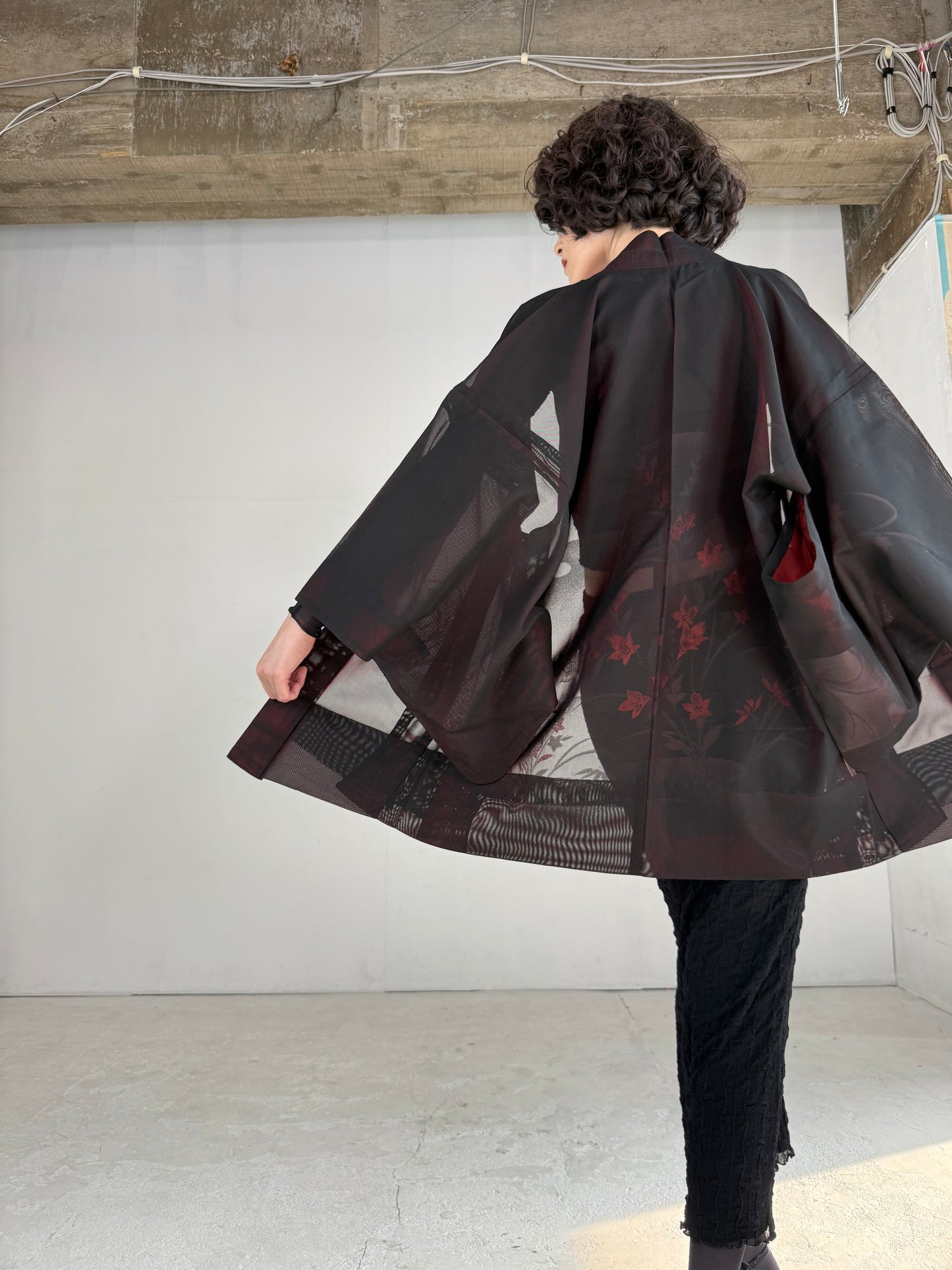 VINTAGE BLACK HAORI SHEER “sha, red, kikyo"