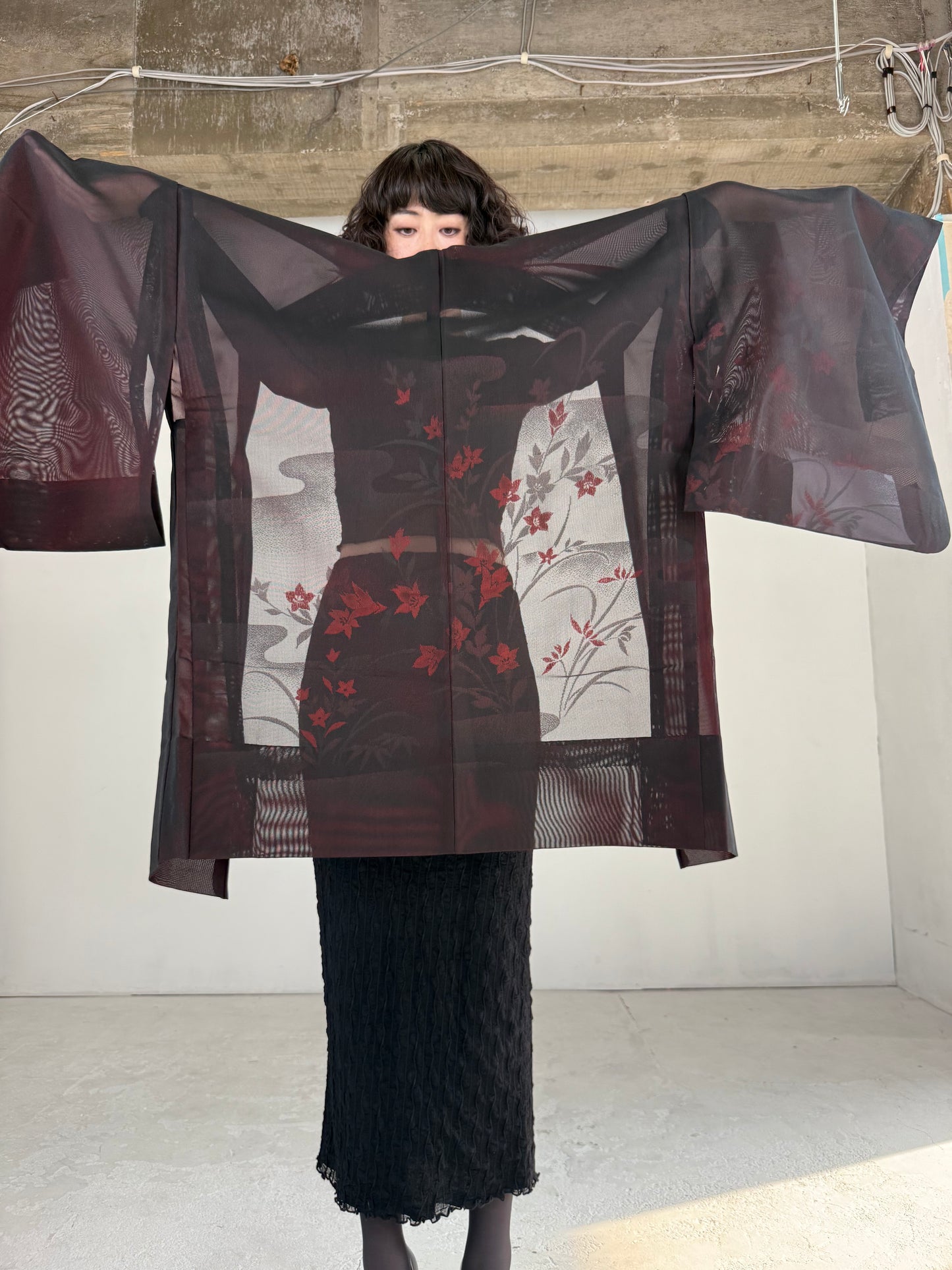 VINTAGE BLACK HAORI SHEER “sha, red, kikyo"