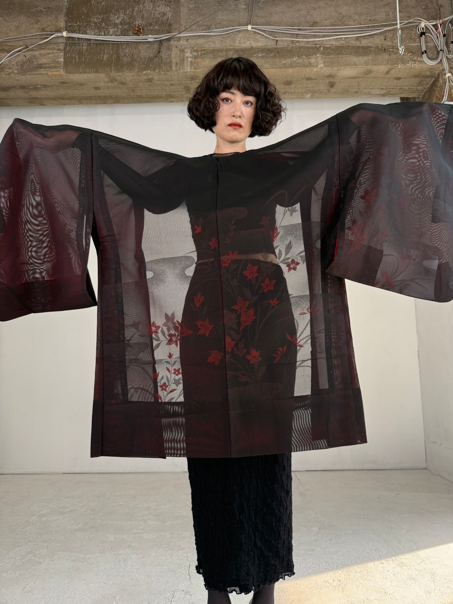 VINTAGE BLACK HAORI SHEER “sha, red, kikyo"